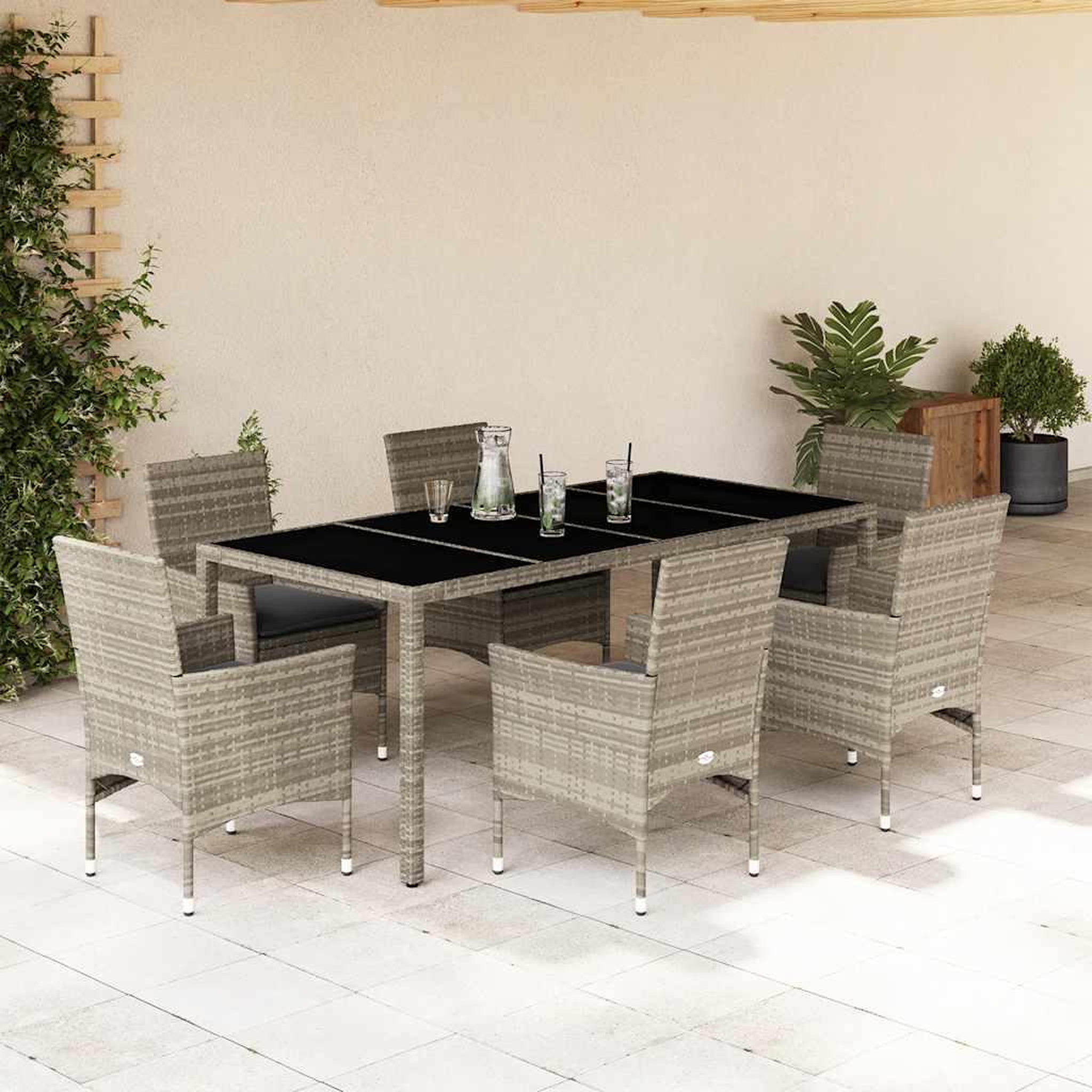 VIDAXL Ensemble a manger de jardin avec coussins 7 pcs rotin et verre