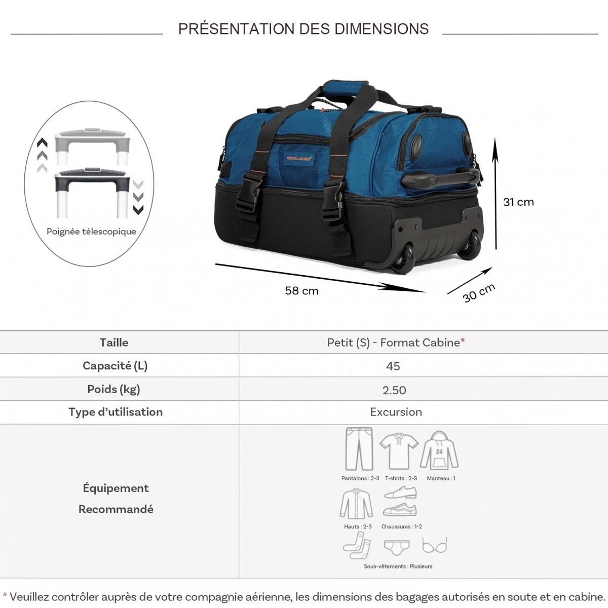 David Jones Sac de voyage cabine à roulettes 45L double compartiment 58cm