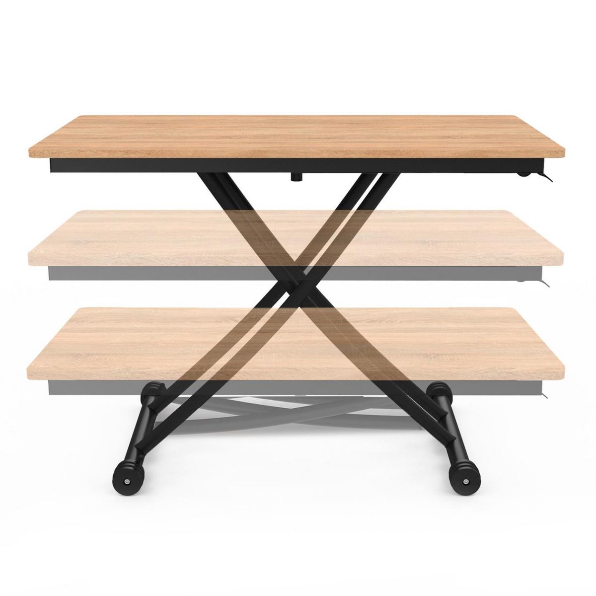 ID MARKET Table basse fixe relevable en table à manger rectangulaire URBANA plateau façon hêtre pied noir design industriel