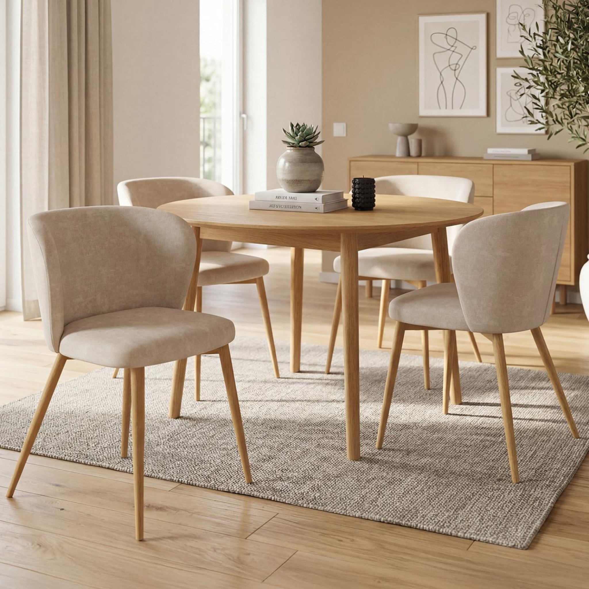 Voir la diapositive 2 : ID MARKET Lot de 4 chaises paulie en tissu chenille beige et pieds effet bois pour salle à manger