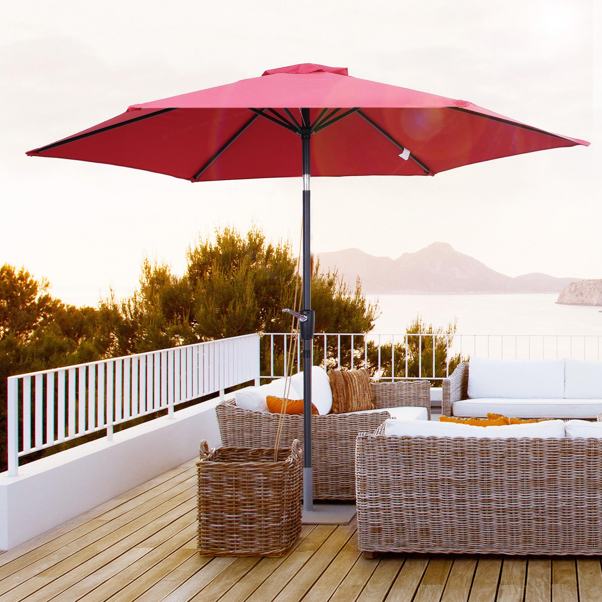 Voir la diapositive 2 : OUTSUNNY Parasol inclinable de jardin balcon terrasse manivelle toile polyester imperméabilisée haute densité 180 g/m² Ø2,7 x 2,35H m alu rouge vineux