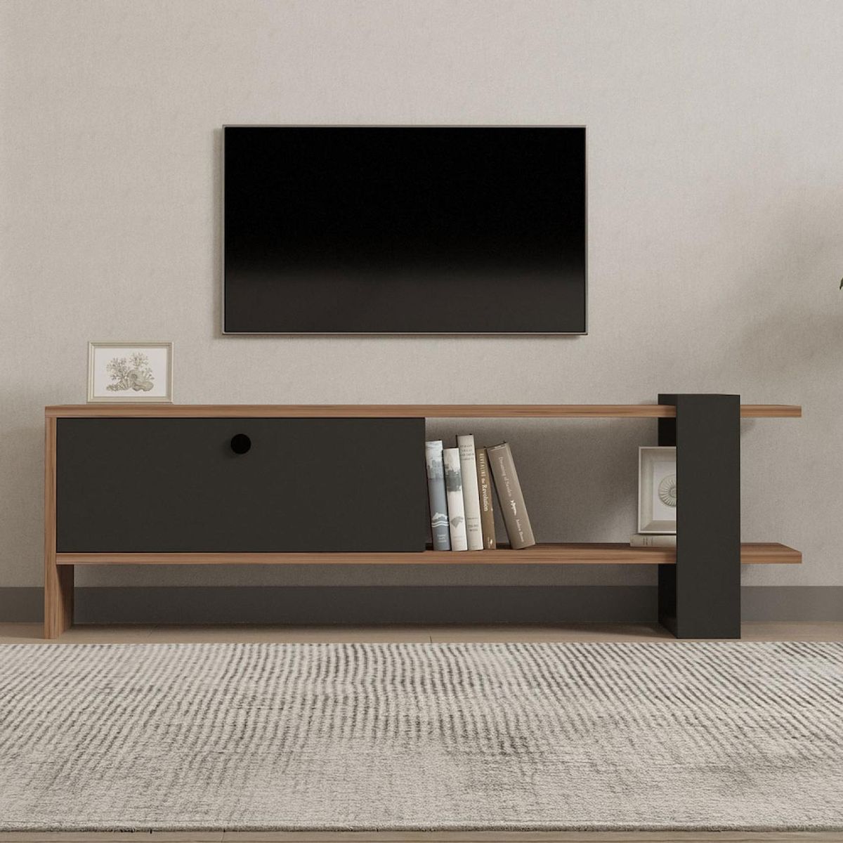 CONCEPT USINE Meuble TV asymétrique gris anthracite avec placard aspect bois 120cm OVA