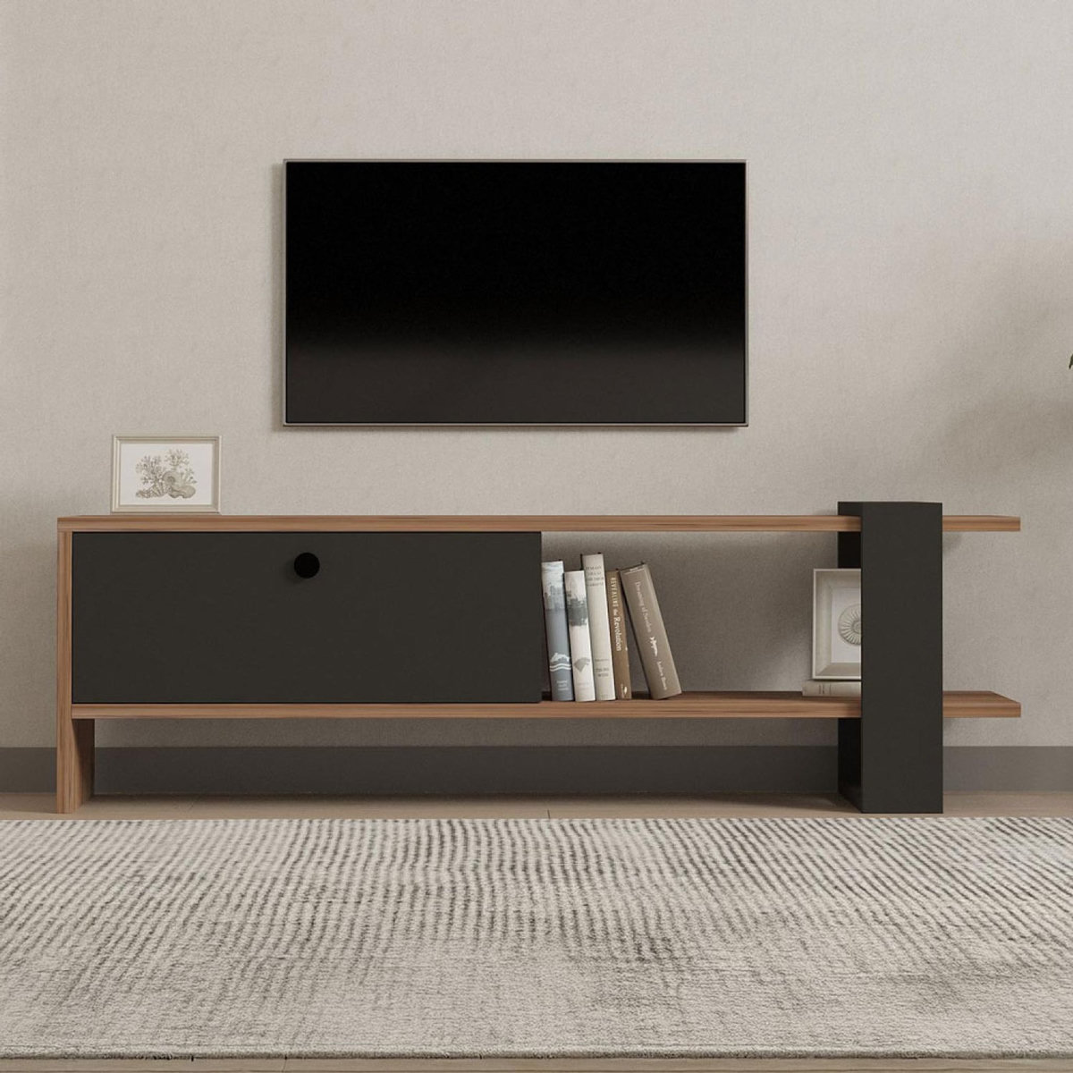 CONCEPT USINE Meuble TV asymétrique gris anthracite avec placard aspect bois 120cm OVA