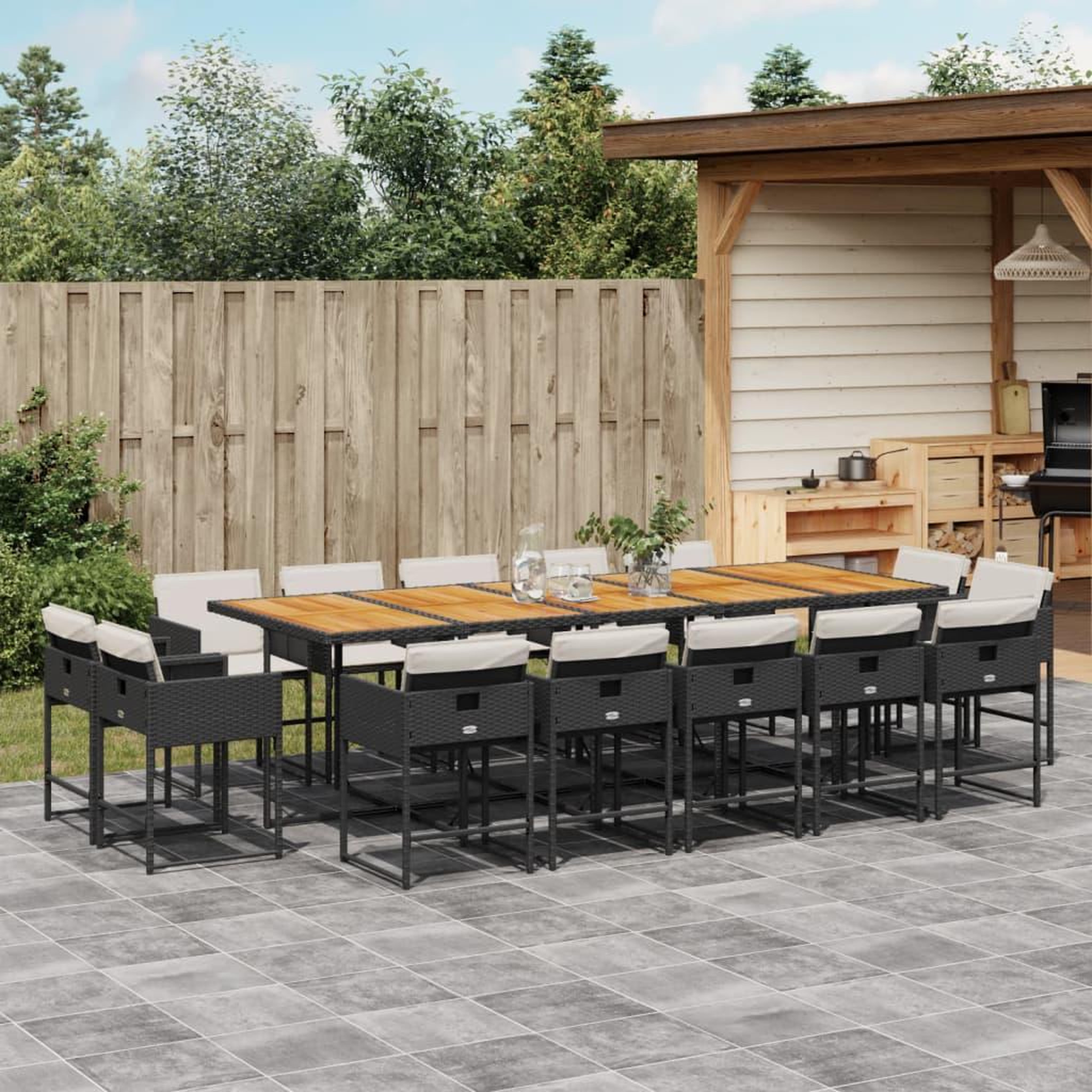 VIDAXL Ensemble a manger de jardin 15 pcs coussins noir resine tressee