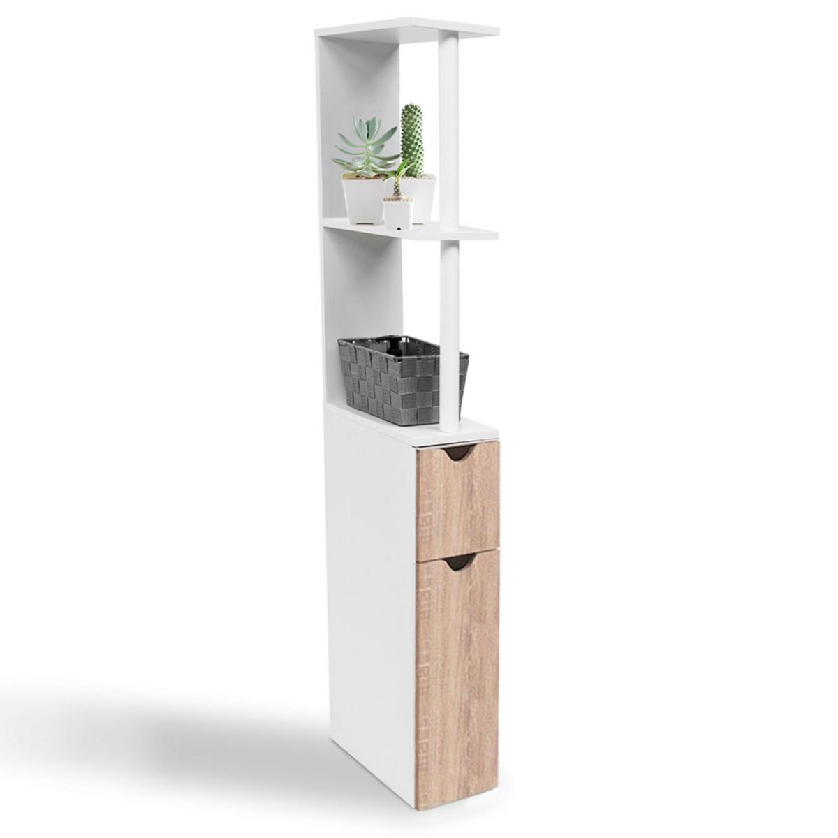 ID MARKET Meuble WC étagère bois WILLY 2 portes blanc et hêtre