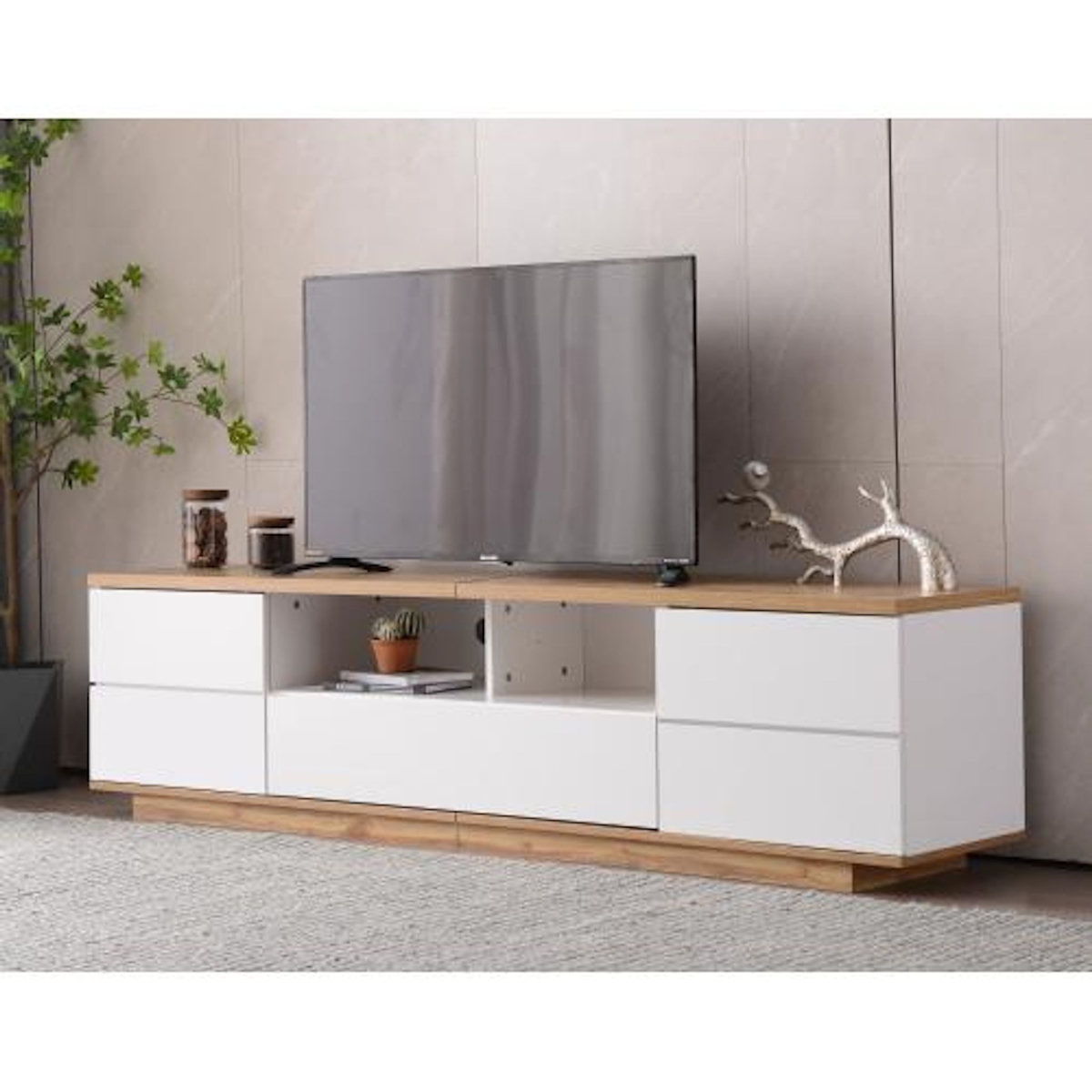 MERAX Meuble tv blanc+naturel 180 cm mdf