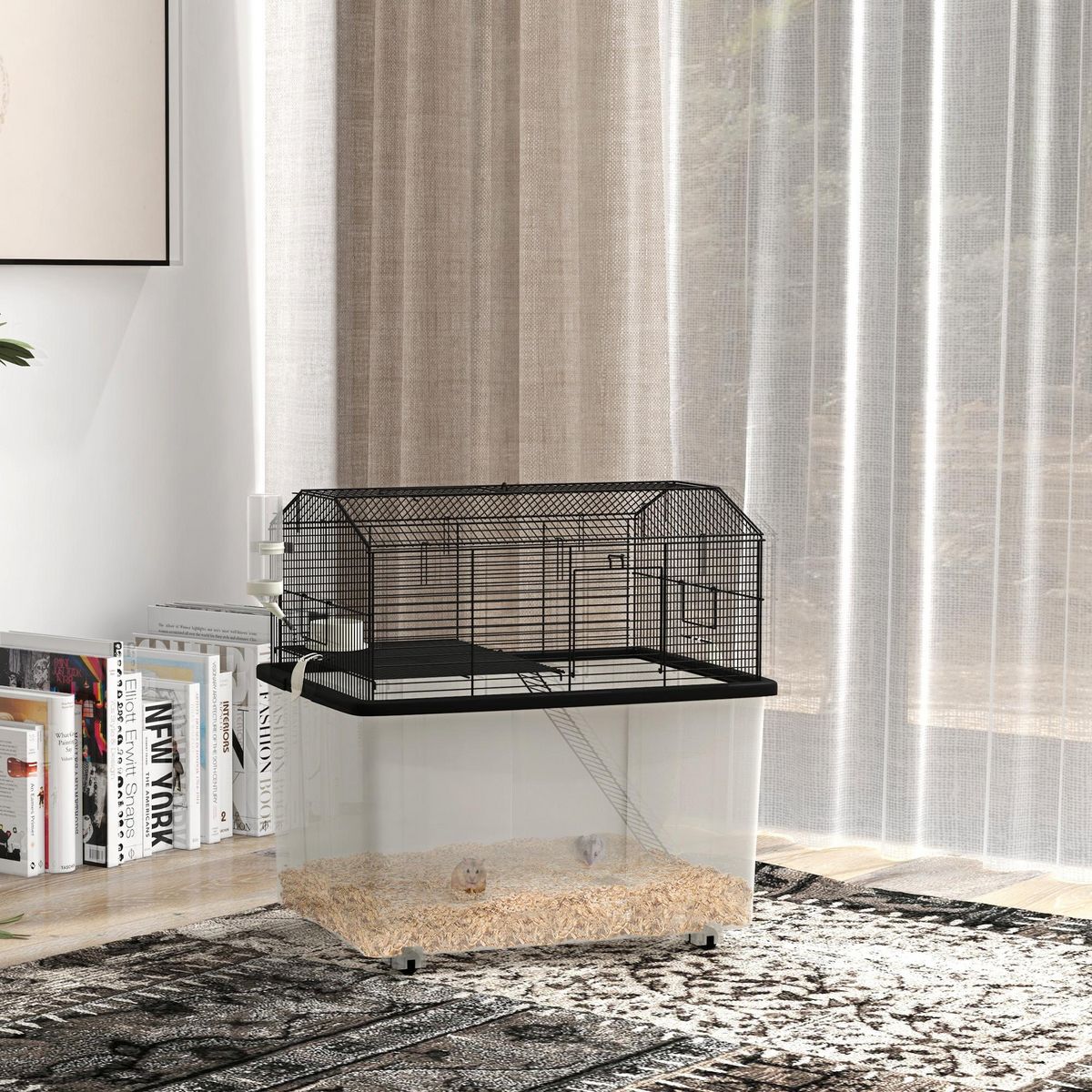 PAWHUT Cage rongeur hamster 2 étages - roulettes, plateforme, échelle, accessoires - PP transparent acier noir