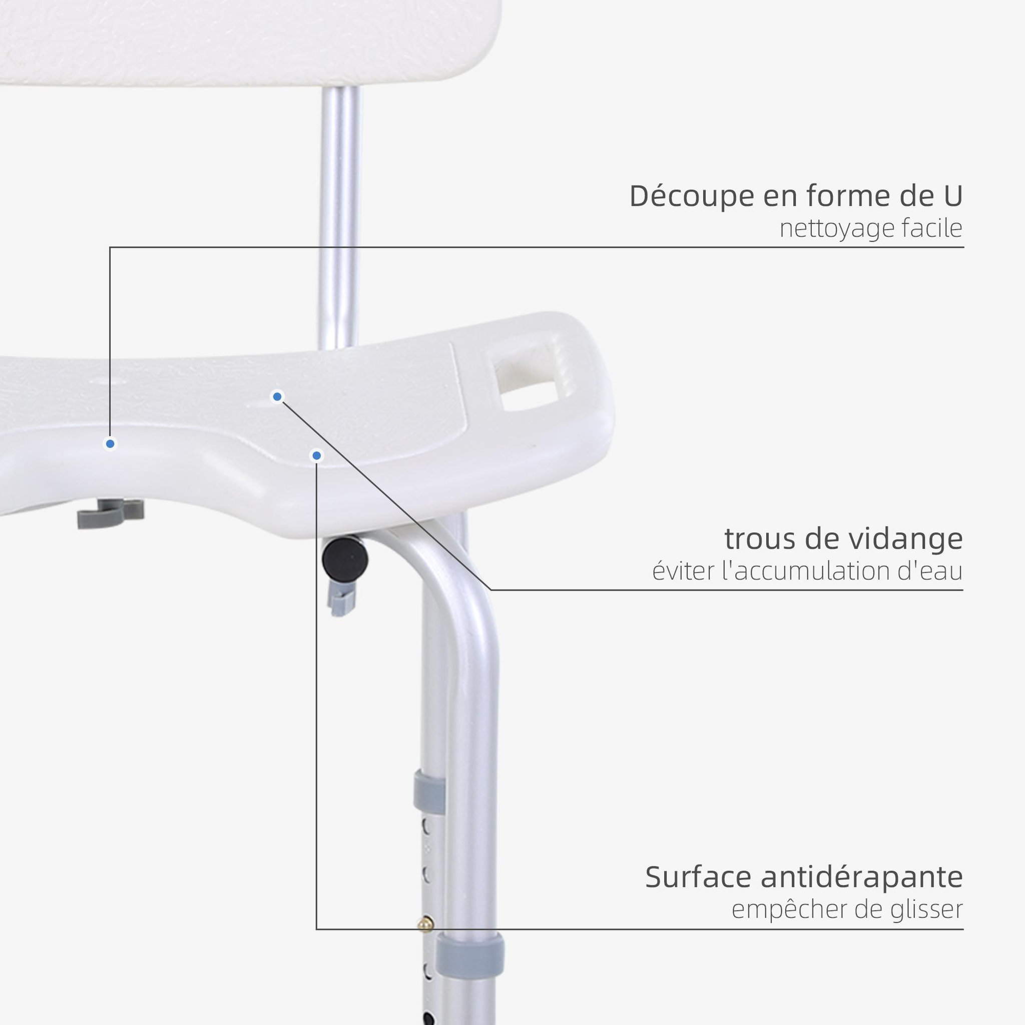 Voir la diapositive 4 : HOMCOM Chaise de douche siège de douche ergonomique hauteur assise réglable pieds antidérapants charge max. 136 kg alu hdpe blanc