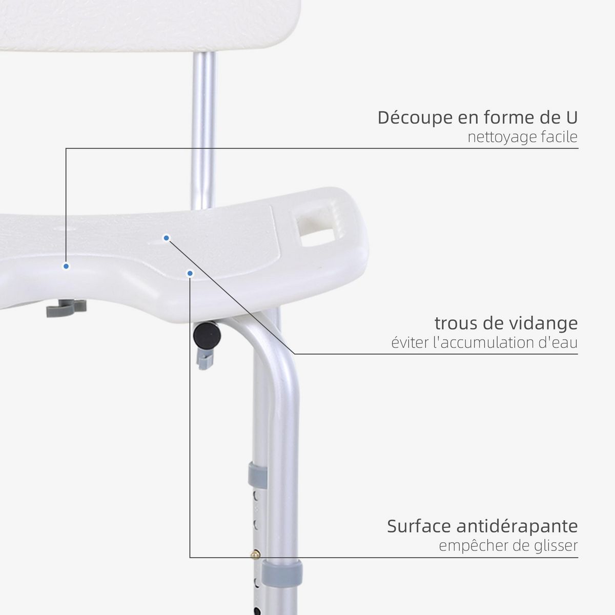 HOMCOM Chaise de douche siège de douche ergonomique hauteur assise réglable pieds antidérapants charge max. 136 Kg alu HDPE blanc