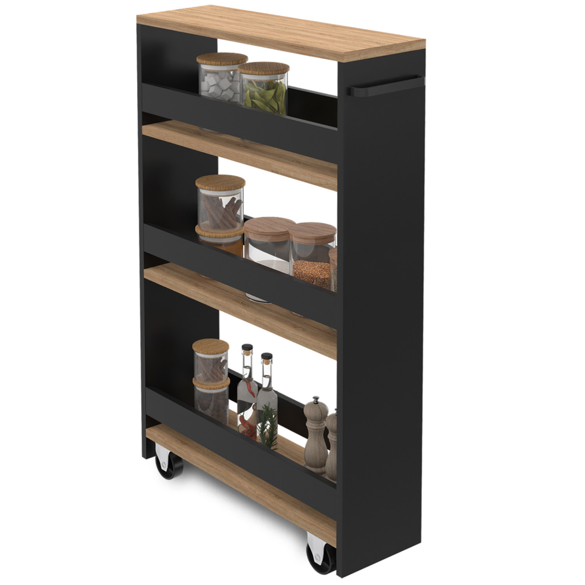ID MARKET Desserte de cuisine gain de place haga chariot de rangement à 3 étages noir et façon hêtre
