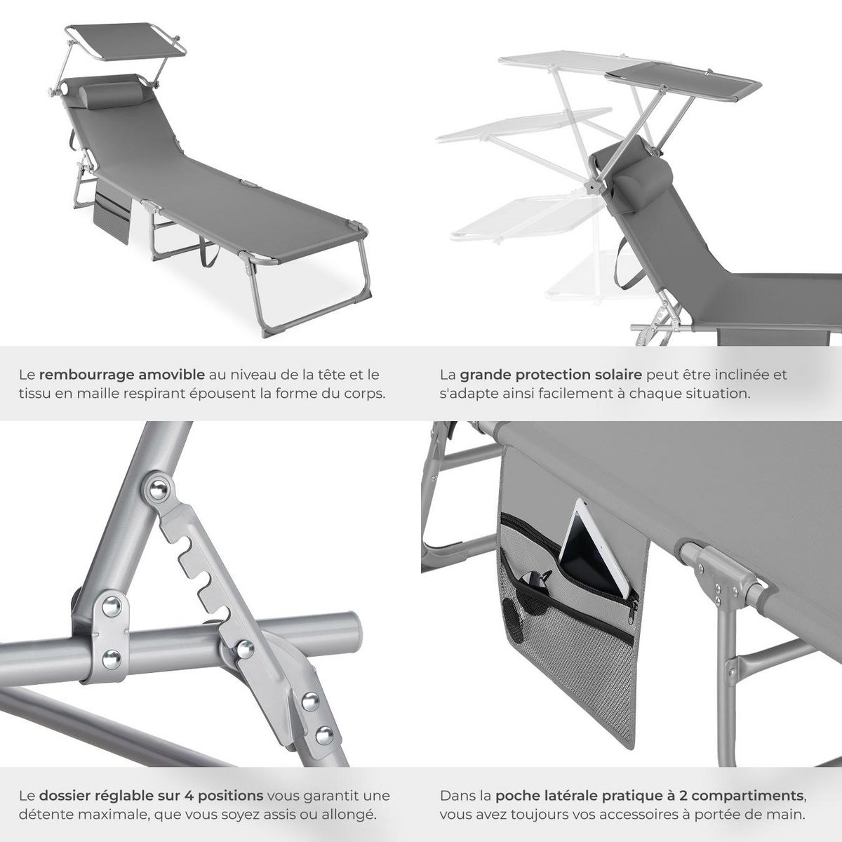 tectake Bain de soleil pliable gris