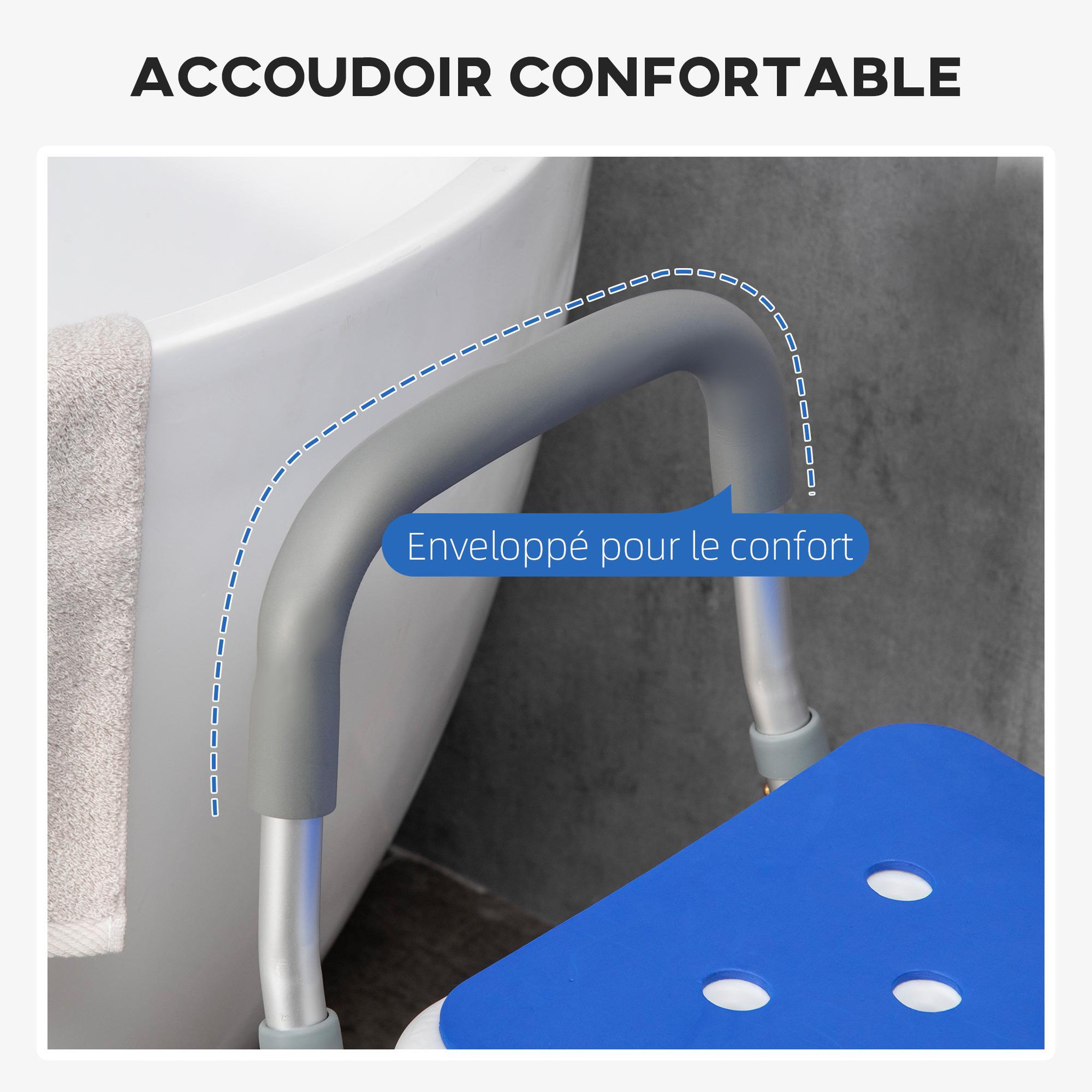 Voir la diapositive 5 : HOMCOM Chaise de douche siège de douche ergonomique hauteur réglable pieds antidérapants charge max. 136 kg alu hdpe blanc bleu