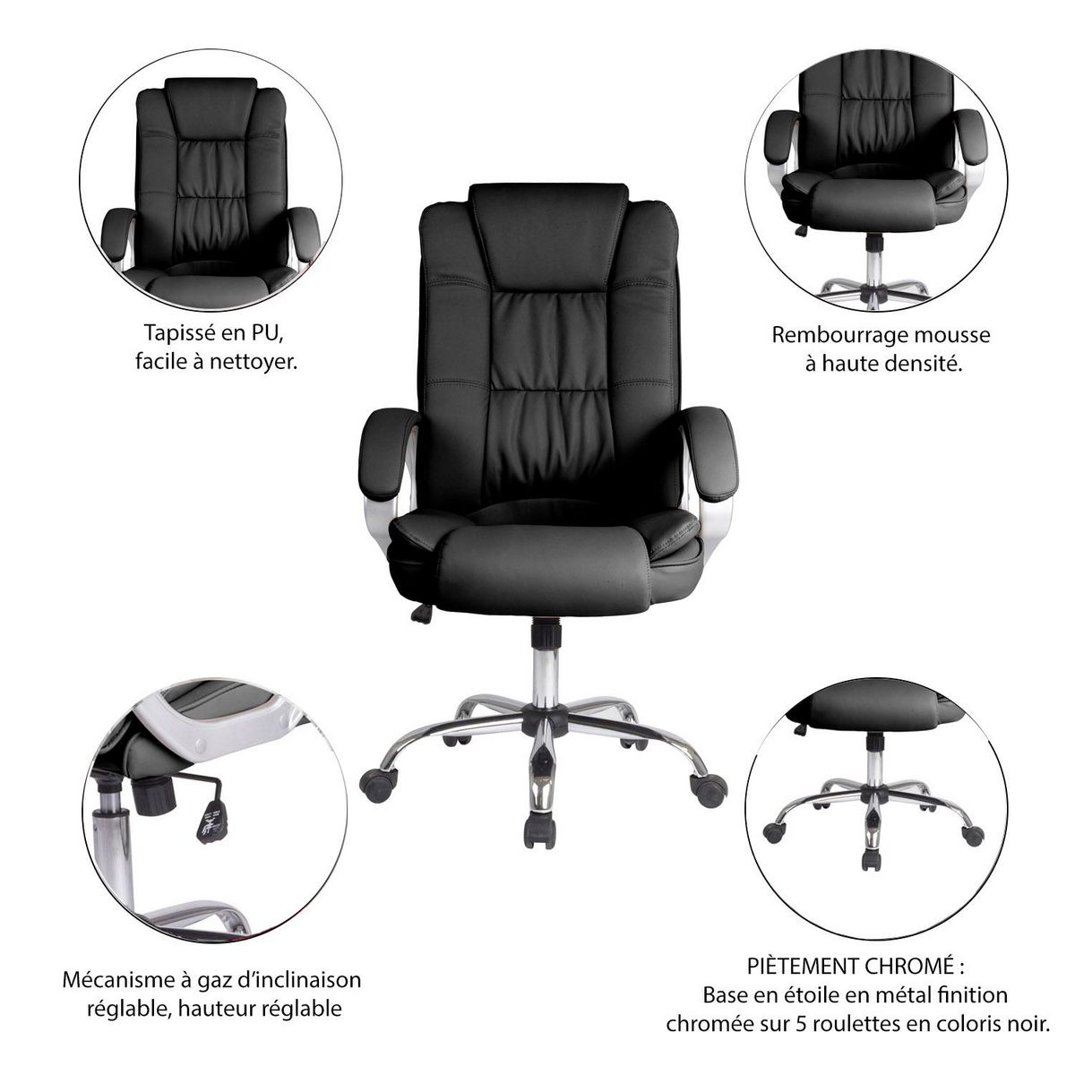 VS VENTA-STOCK Chaise de Bureau Karen Elevable et Fauteuil inclinable en Simili Cuir Noir