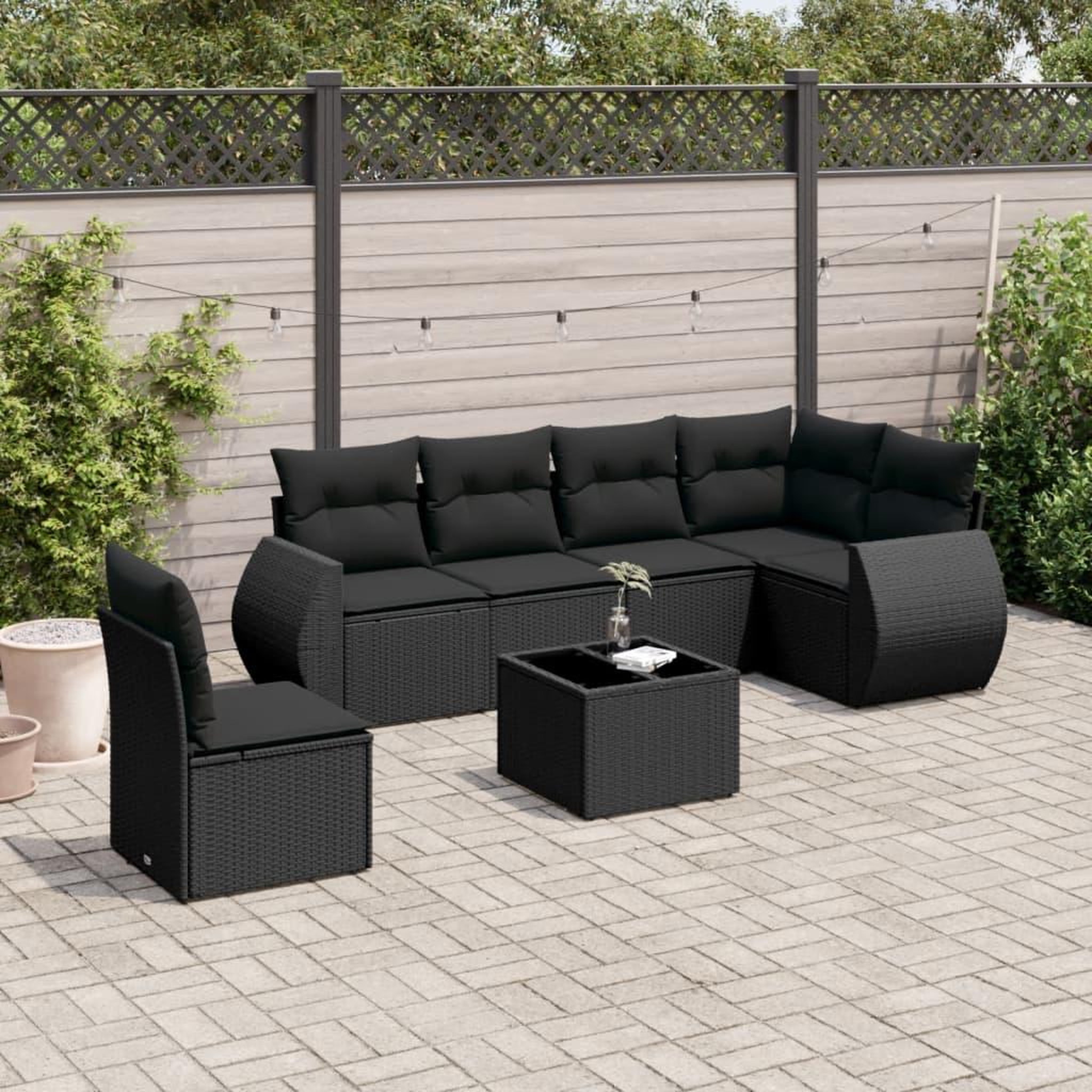 VIDAXL Salon de jardin 7 pcs avec coussins noir resine tressee