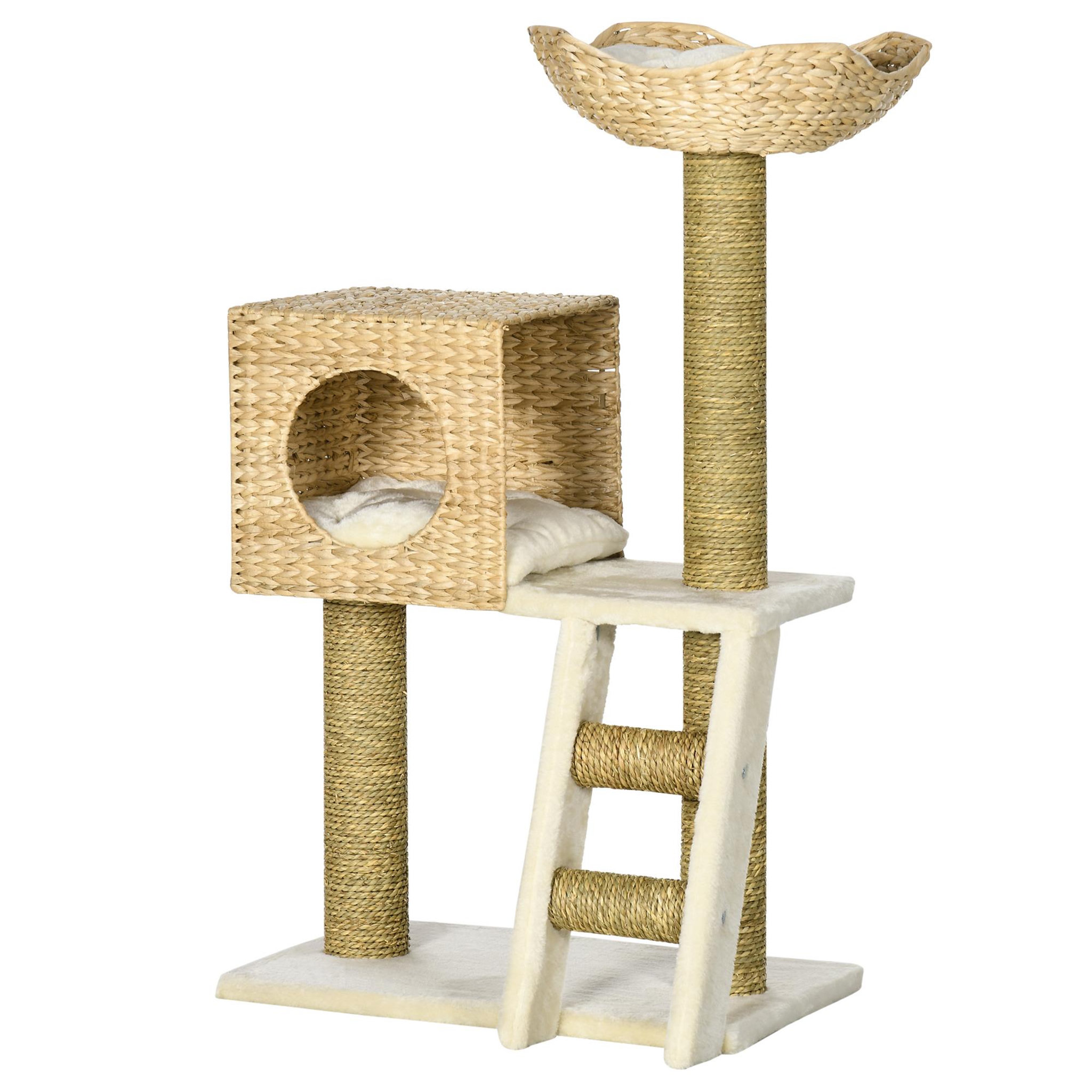 PAWHUT Arbre à chat style cosy chic griffoirs quenouille échelle niche panier 2 coussins inclus peluche courte polyester haute densité crème beige