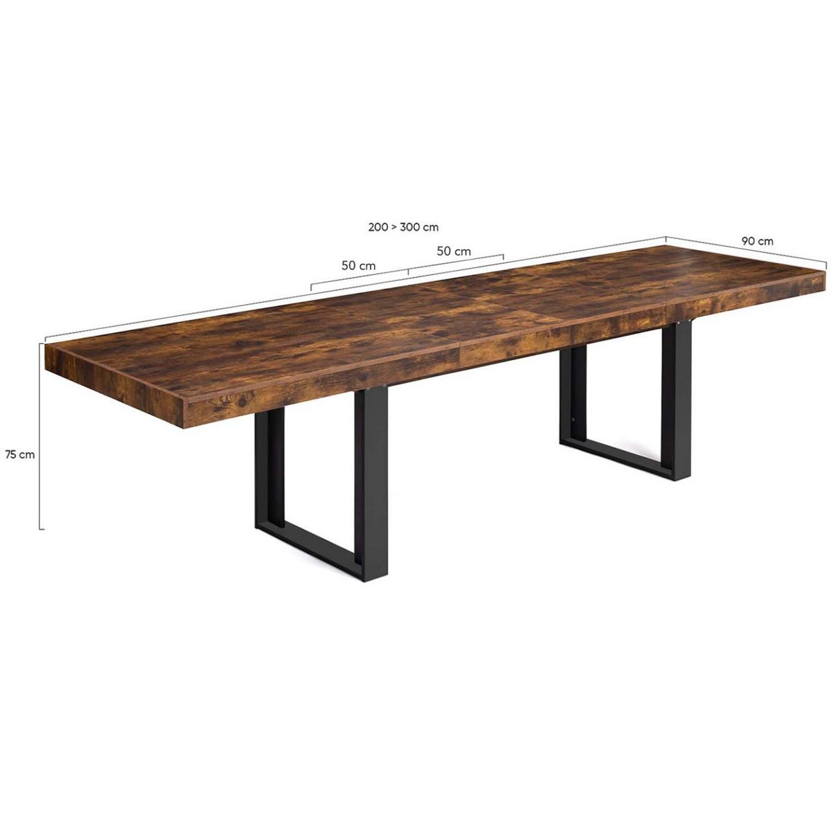 ID MARKET Table à manger extensible rectangle PHOENIX 6-12 personnes bois effet vieilli et noir 200-300 cm