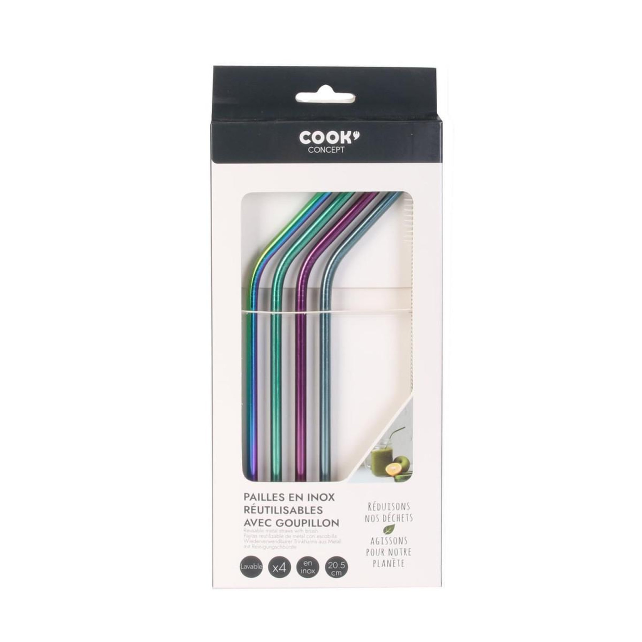 Voir la diapositive 2 : COOK CONCEPT Lot de 4 pailles inox  goupillon  22cm multicolore