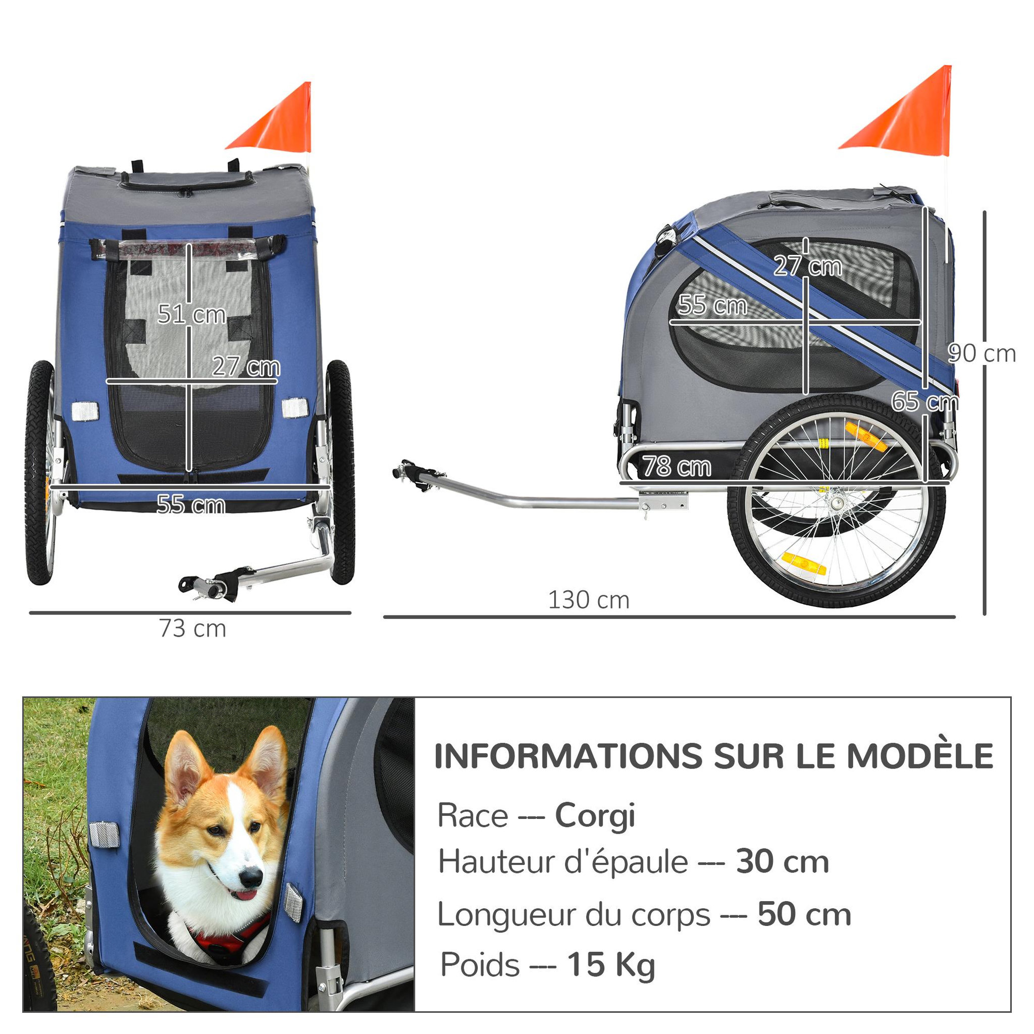 Voir la diapositive 3 : PAWHUT Remorque vélo pour chien animaux pliable 8 réflecteurs drapeau barre attelage inclus acier polyester imperméable max. 30 kg 130l x 73l x 90h cm bleu