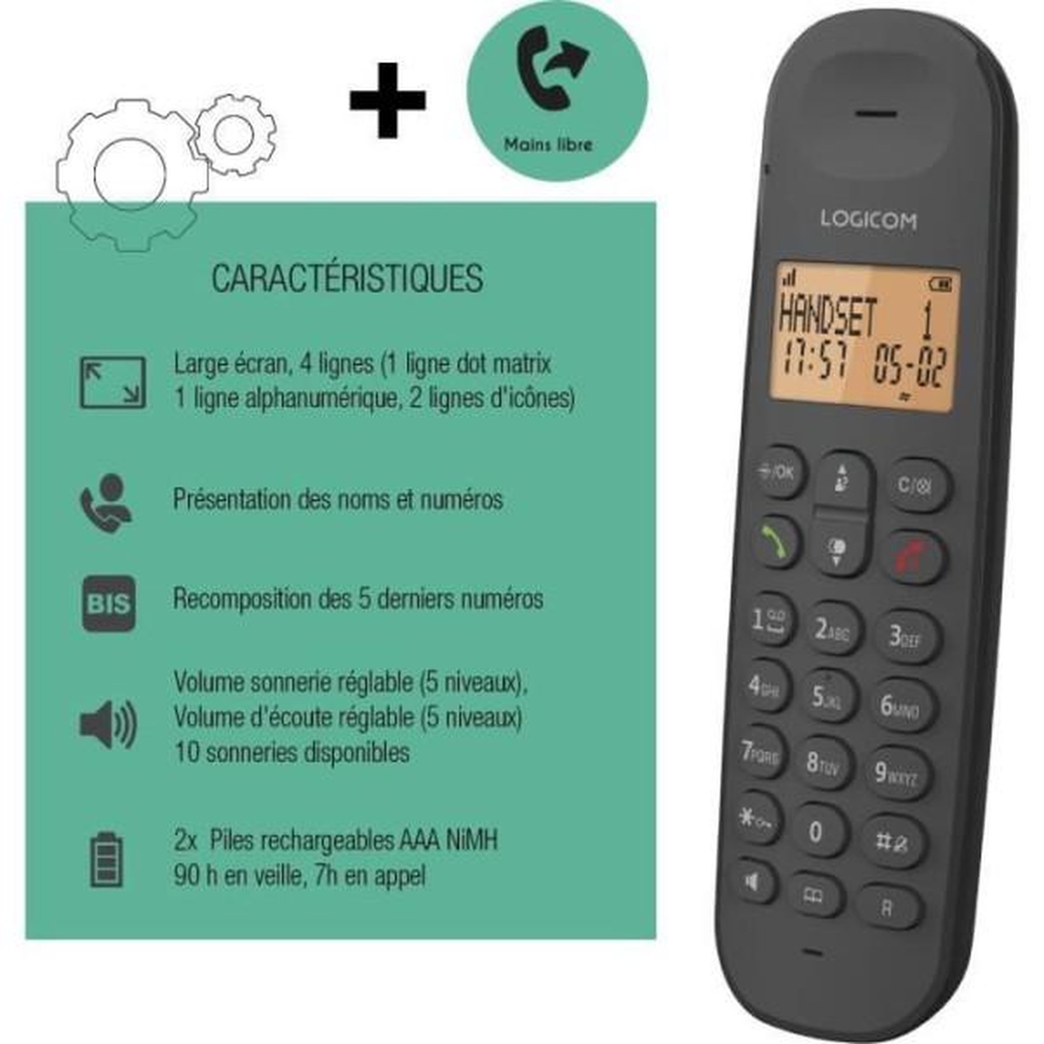 Voir la diapositive 6 : Logicom Téléphone sans fil Iloa - Solo Noir