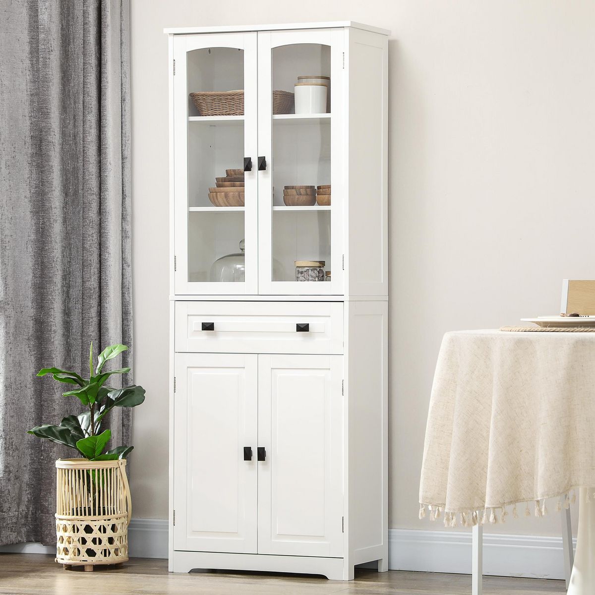 HOMCOM Armoire de cuisine buffet haut 4 portes 3 étagères tiroir verre trempé panneaux MDF blanc