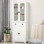 Voir la diapositive 2 : HOMCOM Armoire de cuisine buffet haut 4 portes 3 étagères tiroir verre trempé panneaux MDF blanc