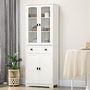 Voir la diapositive 2 : HOMCOM Armoire de cuisine buffet haut 4 portes 3 étagères tiroir verre trempé panneaux MDF blanc