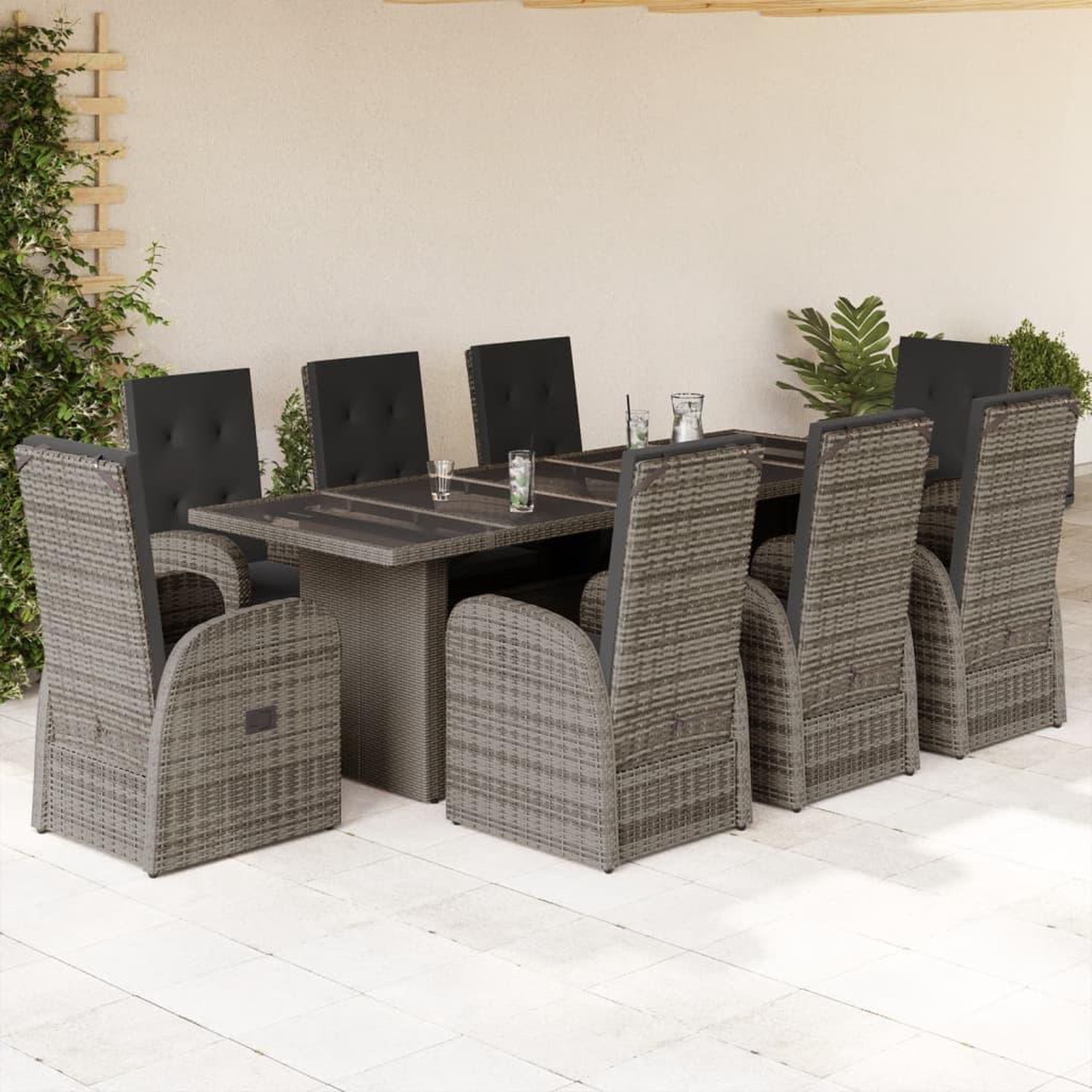 VIDAXL Ensemble a manger de jardin 9 pcs coussins gris resine tressee