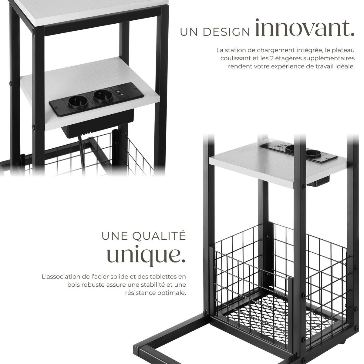 tectake Table d'appoint pour ordinateur portable avec station de charge intégrée avec port USB et AC et plateau de table coulissant blanc