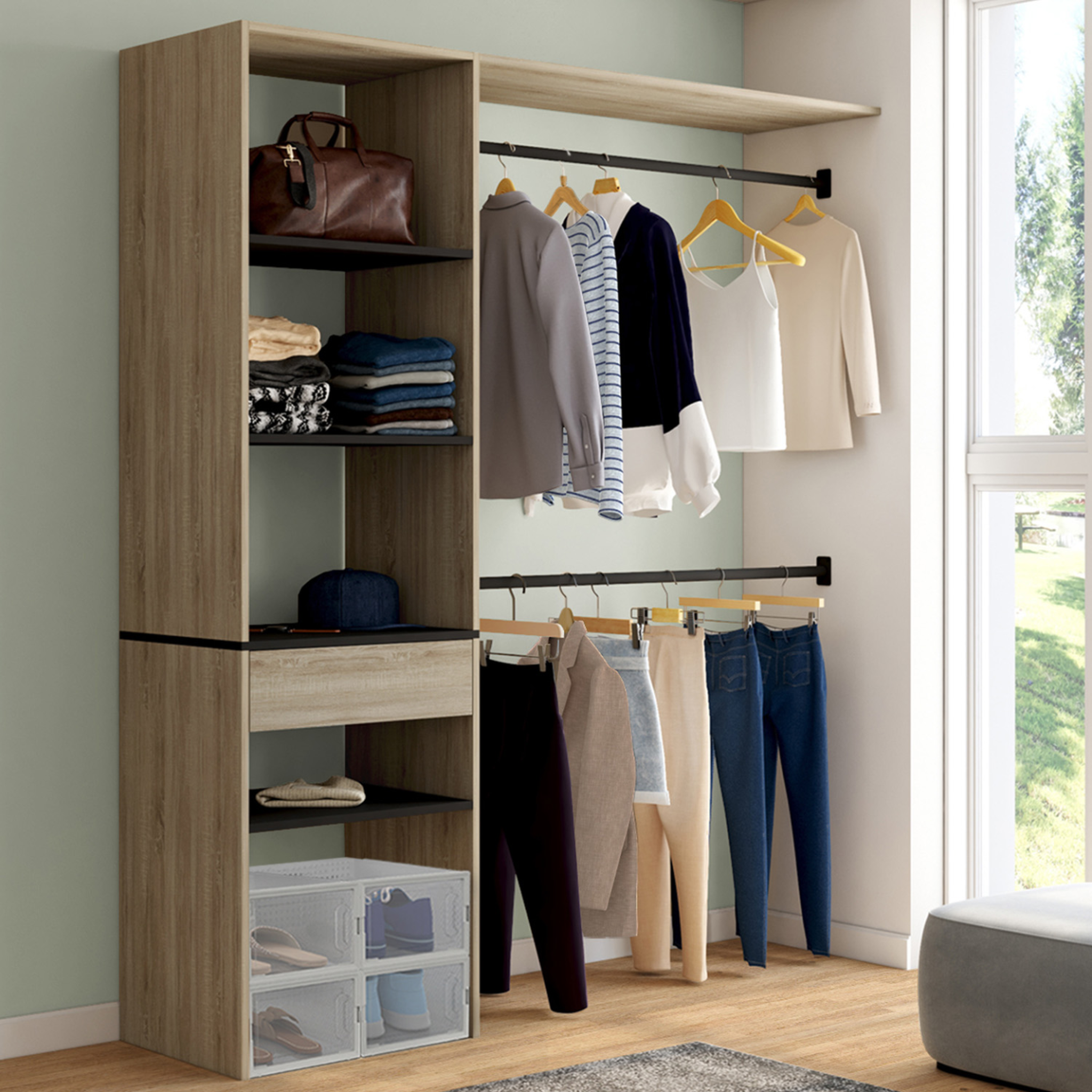 Voir la diapositive 2 : ID MARKET Kit dressing meline 160 x 40 x 180 cm hêtre avec étagères noires + tiroir + double penderie