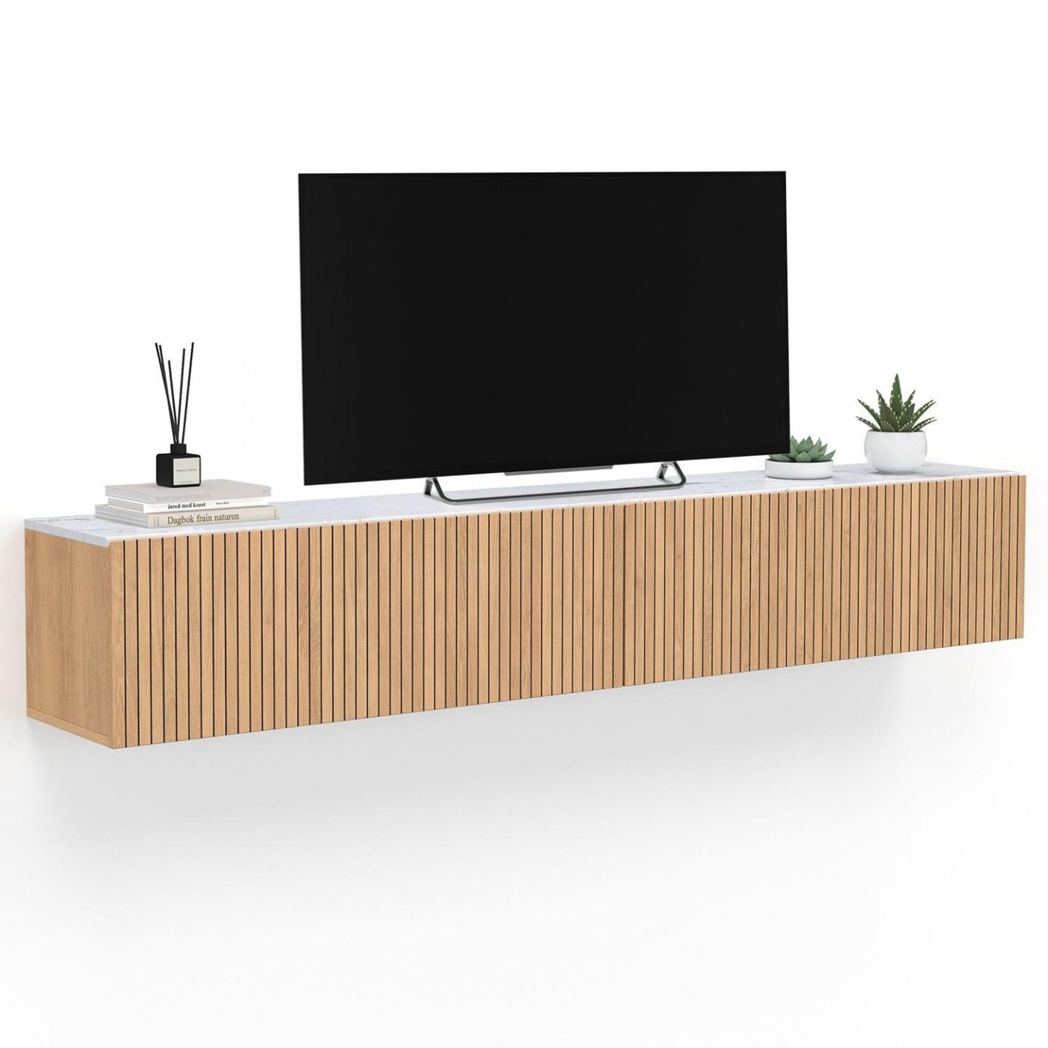 ID MARKET Meuble tv 180 cm suspendu juliette 2 portes plateau effet marbre lattes tasseau bois coloris chêne