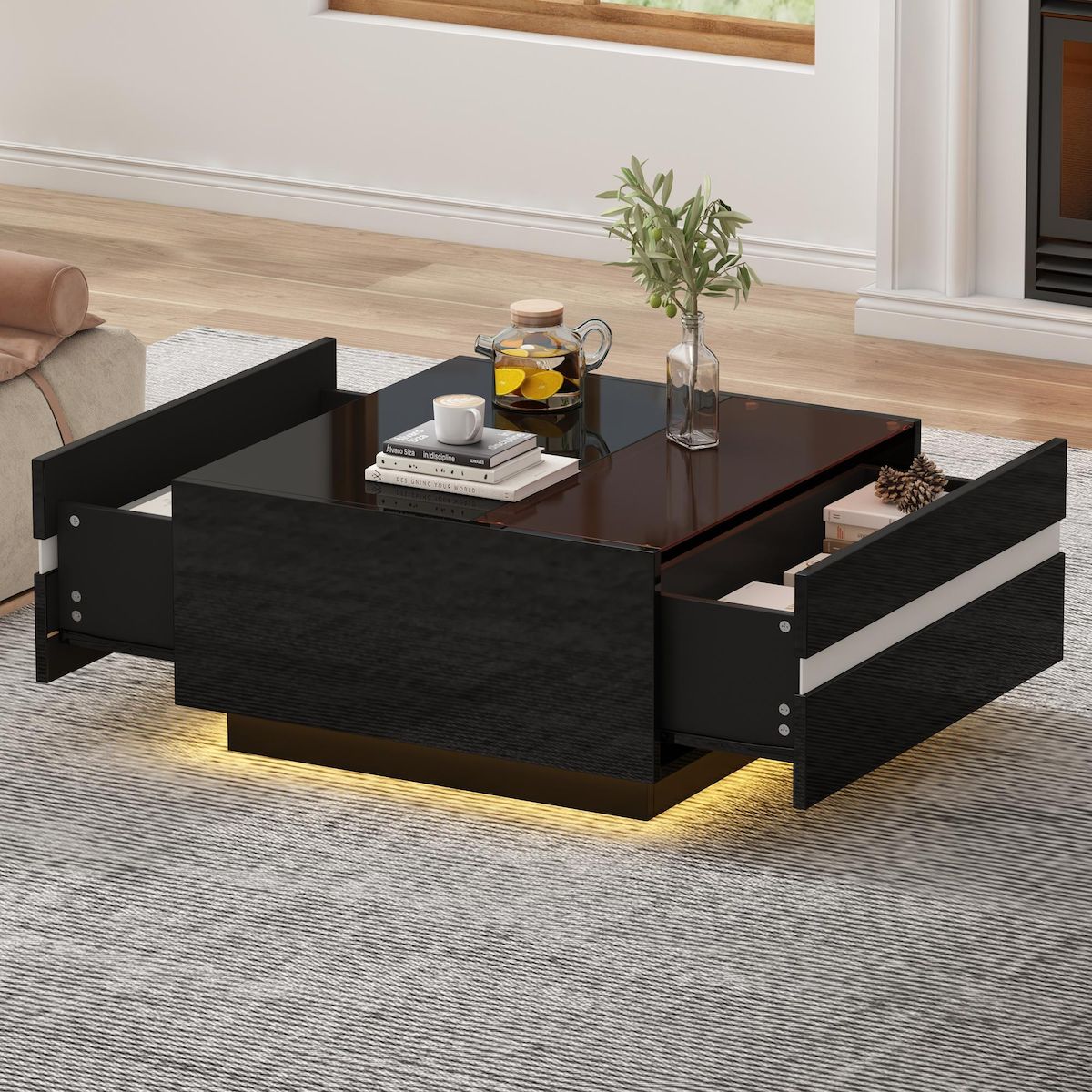 MERAX Table basse carrée noir avec 2 tiroirs - 70x70 cm led panneau de particules