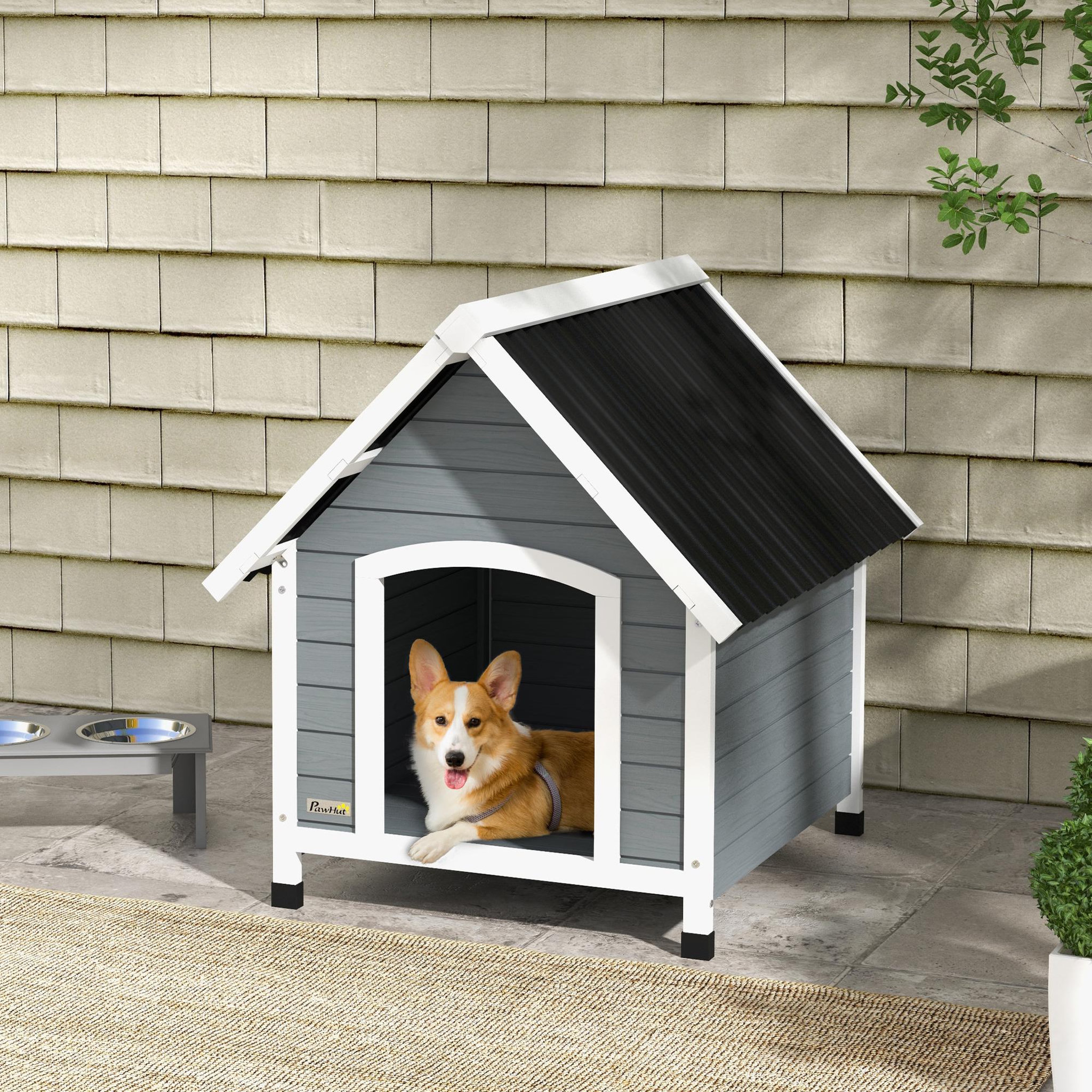 Voir la diapositive 2 : PAWHUT Niche pour chien design chalet sur pied - toit double pente, plancher amovible - plastique noir bois blanc gris