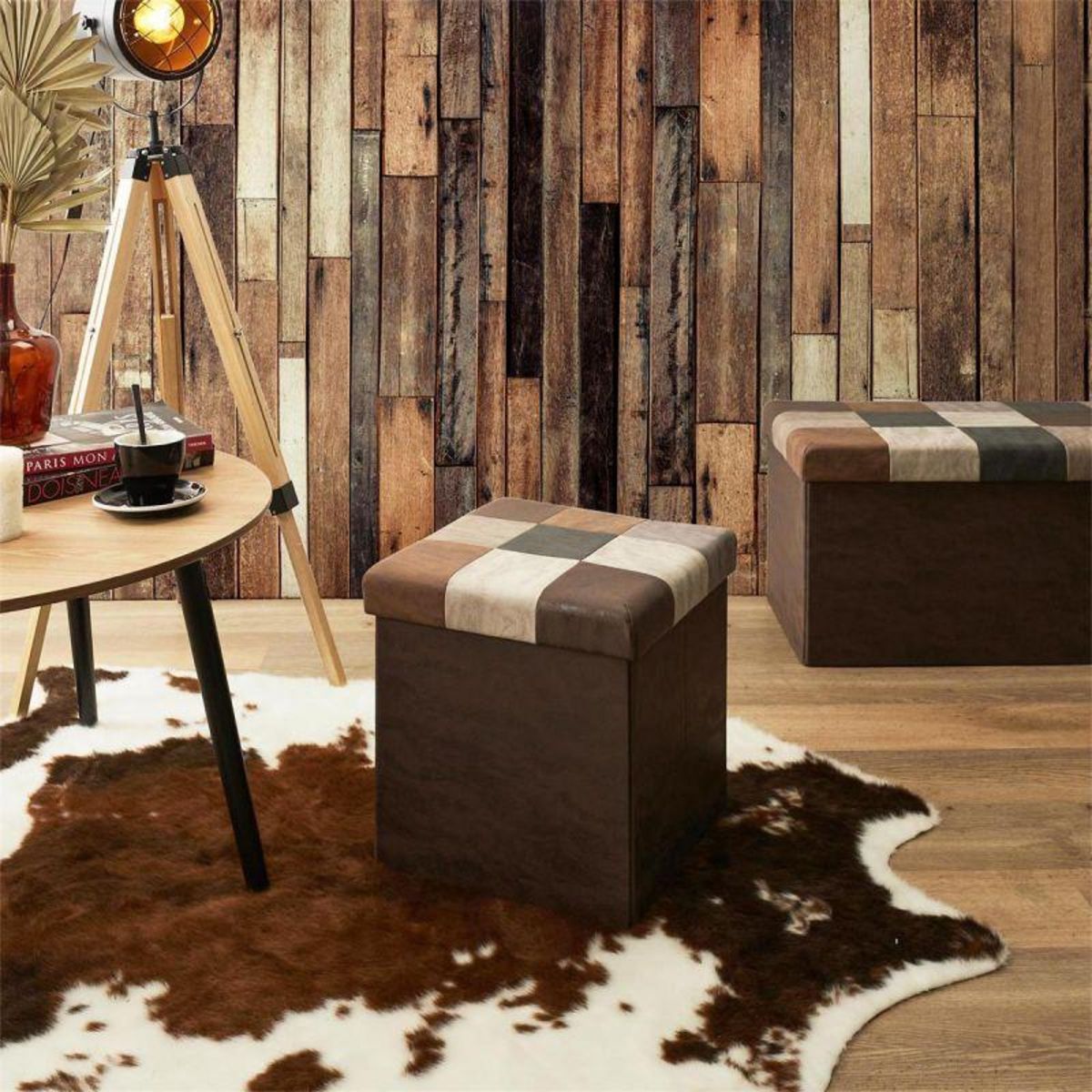 Paris Prix Pouf Coffre Pliable Patchwork  Loic  38cm Marron