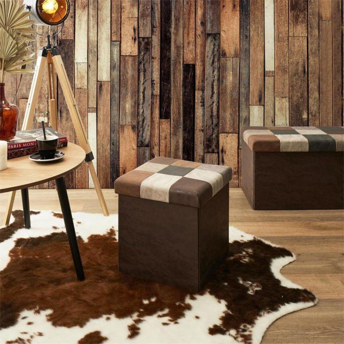 Paris Prix Pouf Coffre Pliable Patchwork  Loic  38cm Marron