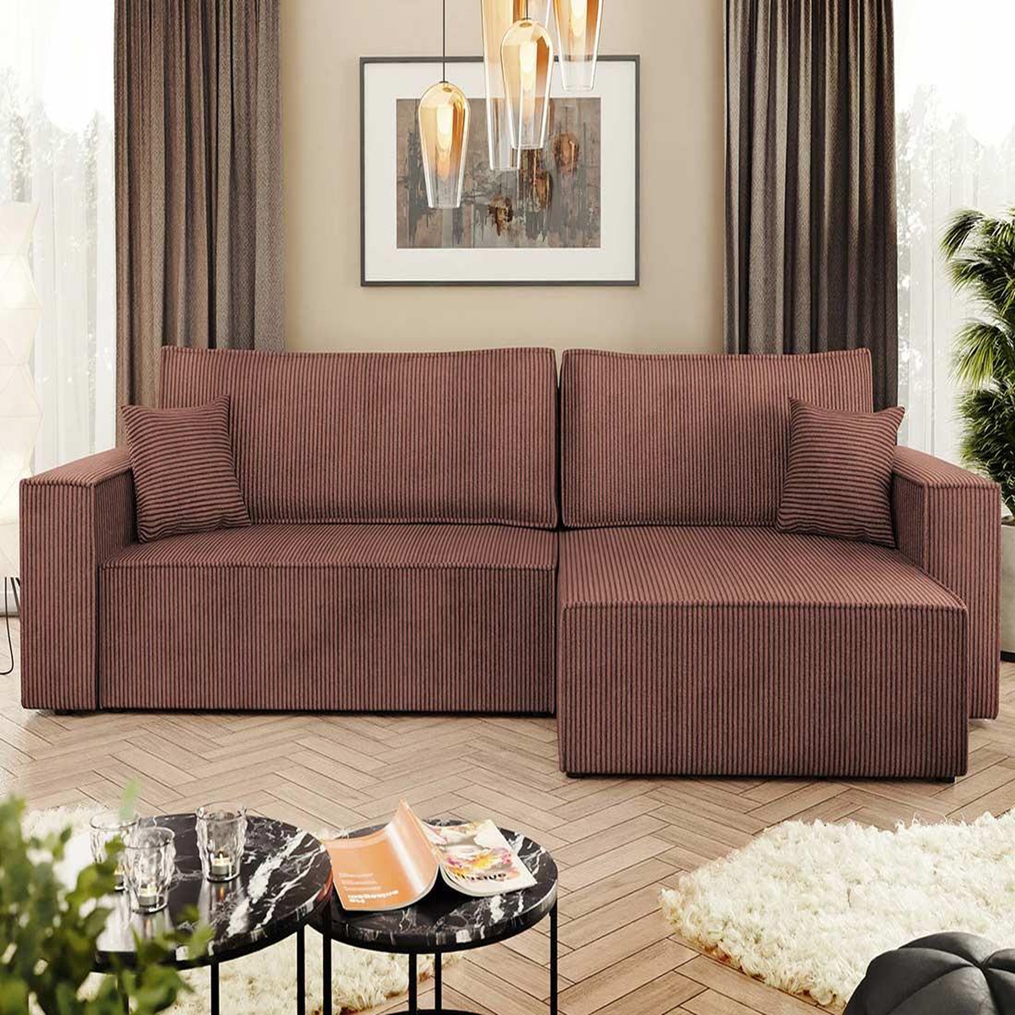 Voir la diapositive 4 : BEST MOBILIER Cezanne - canapé d'angle réversible 5 places convertible avec coffre en velours côtelé