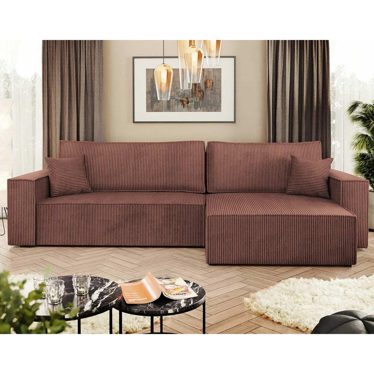 BEST MOBILIER Cezanne - canapé d'angle réversible 5 places convertible avec coffre en velours côtelé