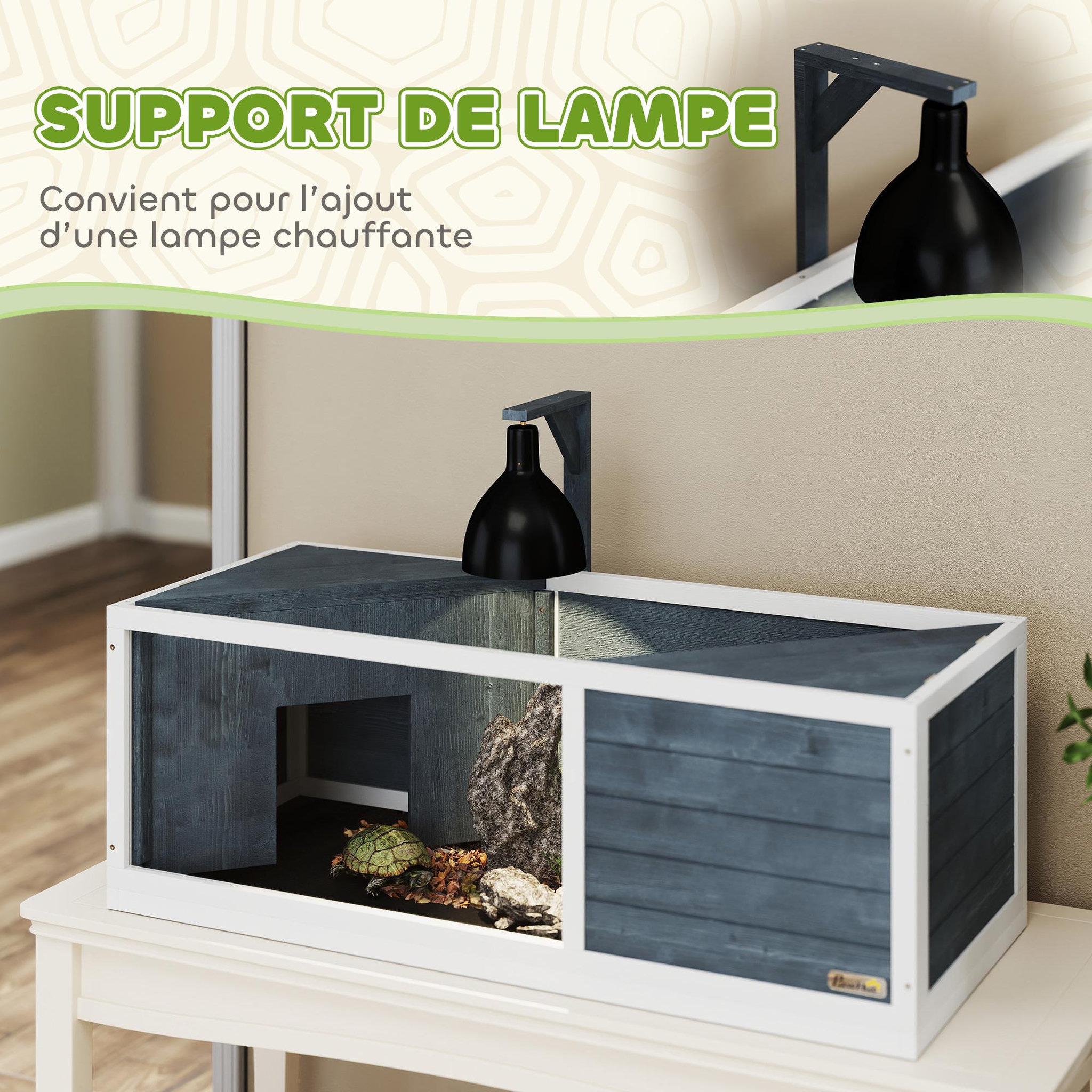 Voir la diapositive 6 : PAWHUT Maison enclos pour tortues - 2 niches et enclos - 2 toits ouvrants - bois blanc gris