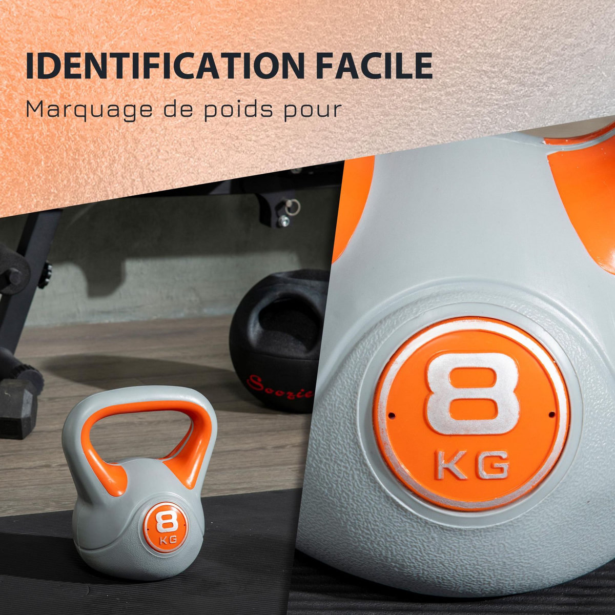 HOMCOM Kettlebell 8 Kg - haltère boule - poignée ergonomique - PU gris orange