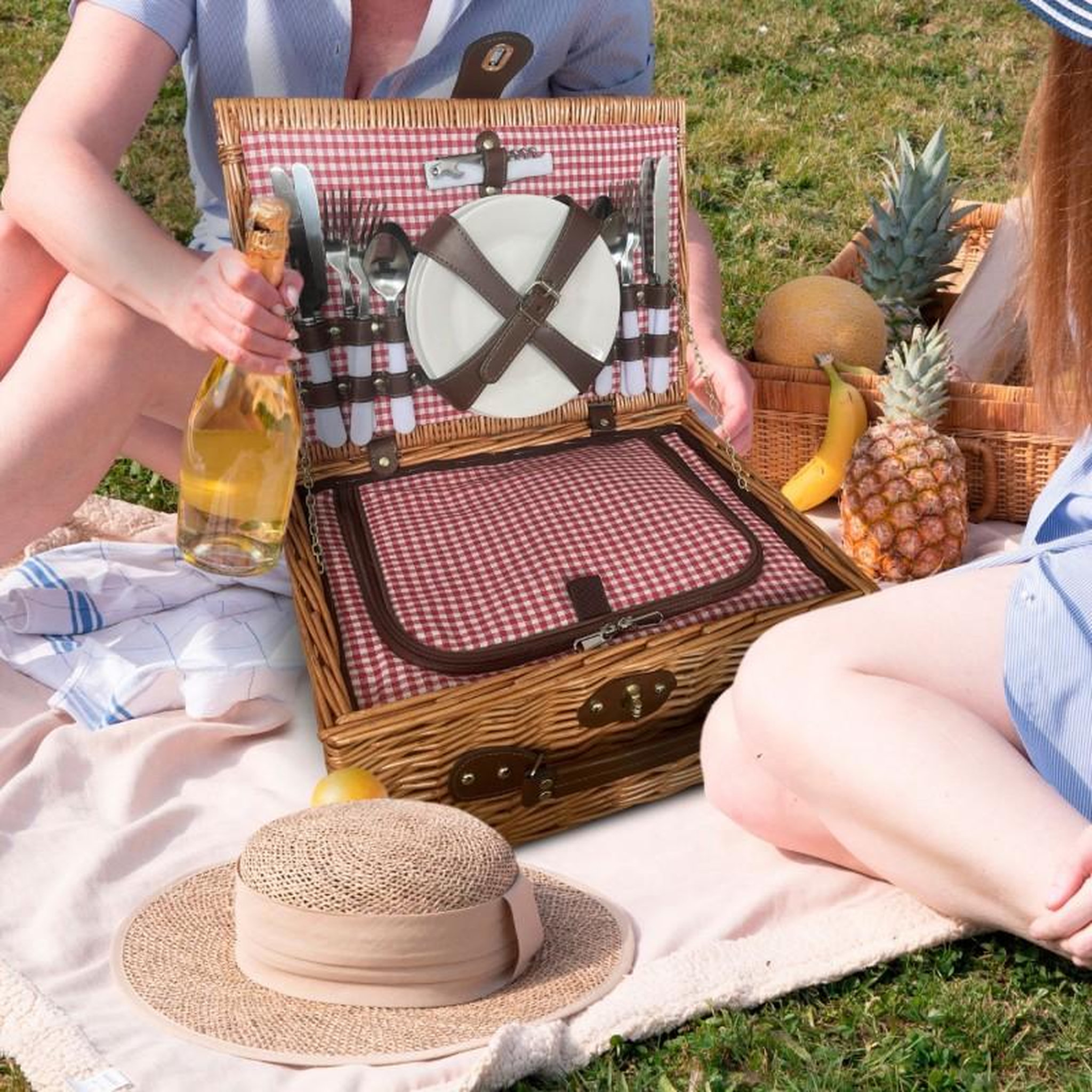 Voir la diapositive 2 : BLUMIE Set de pique-nique complet 4 personnes en osier naturel avec sac isotherme
