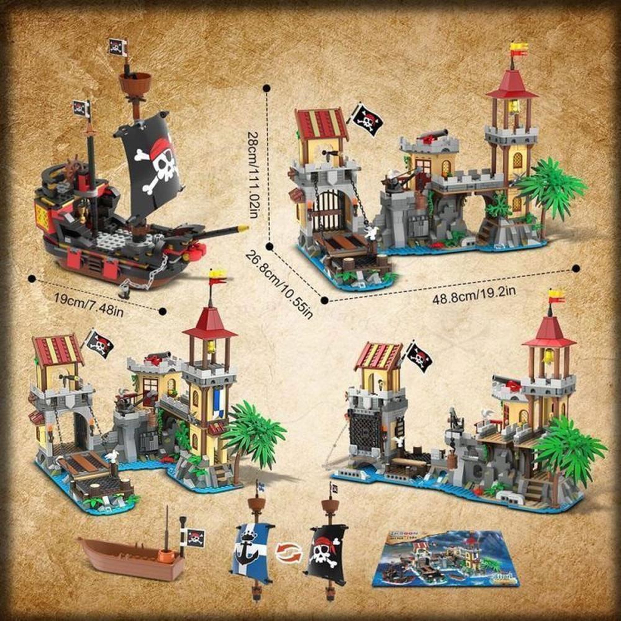 Voir la diapositive 6 : Jeu de construction pirate Château avec LEDs 1502 pièces, navire, tour de guet, pont-levis et grue rotative, 3 configurations