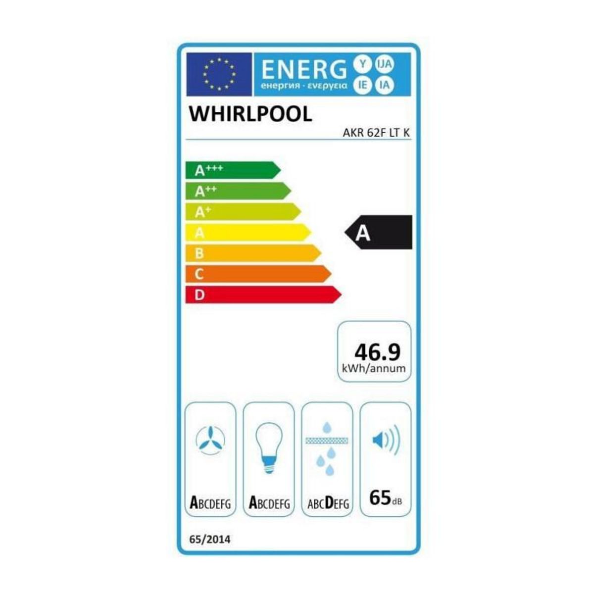 Whirlpool Hotte décorative inclinée 60cm 650m3/h noir - AKR62FLTK