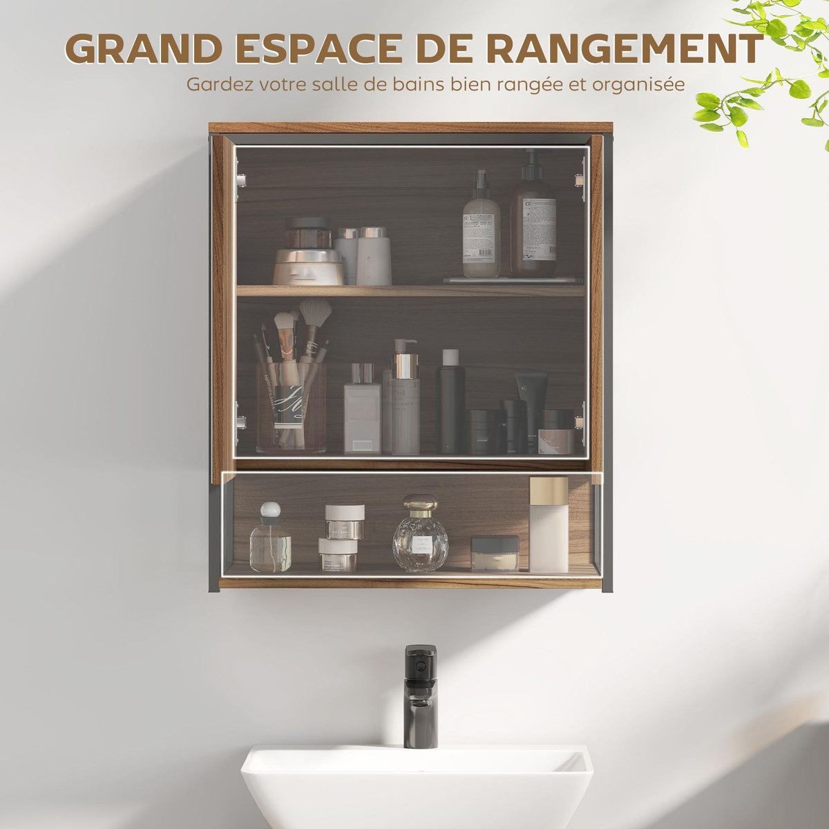 HOMCOM Armoire miroir murale salle de bain 2 portes design - étagère, niche - métal noir effet bois noyer