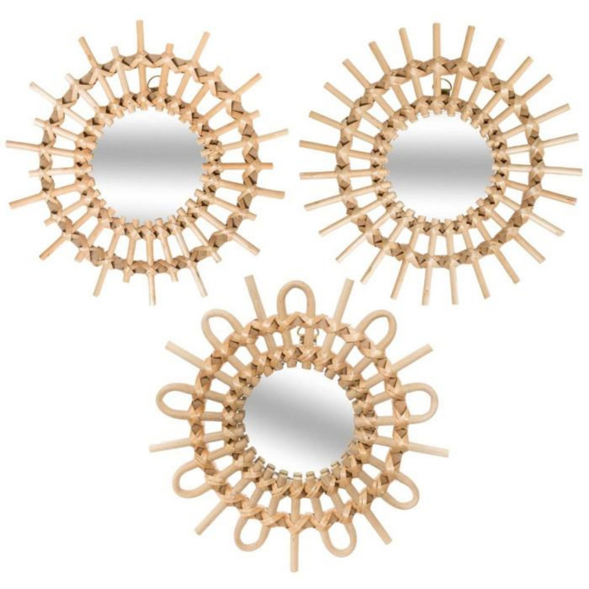 ATMOSPHERA Lot de 3 Miroirs Muraux Rotin  Soleil  28cm Beige