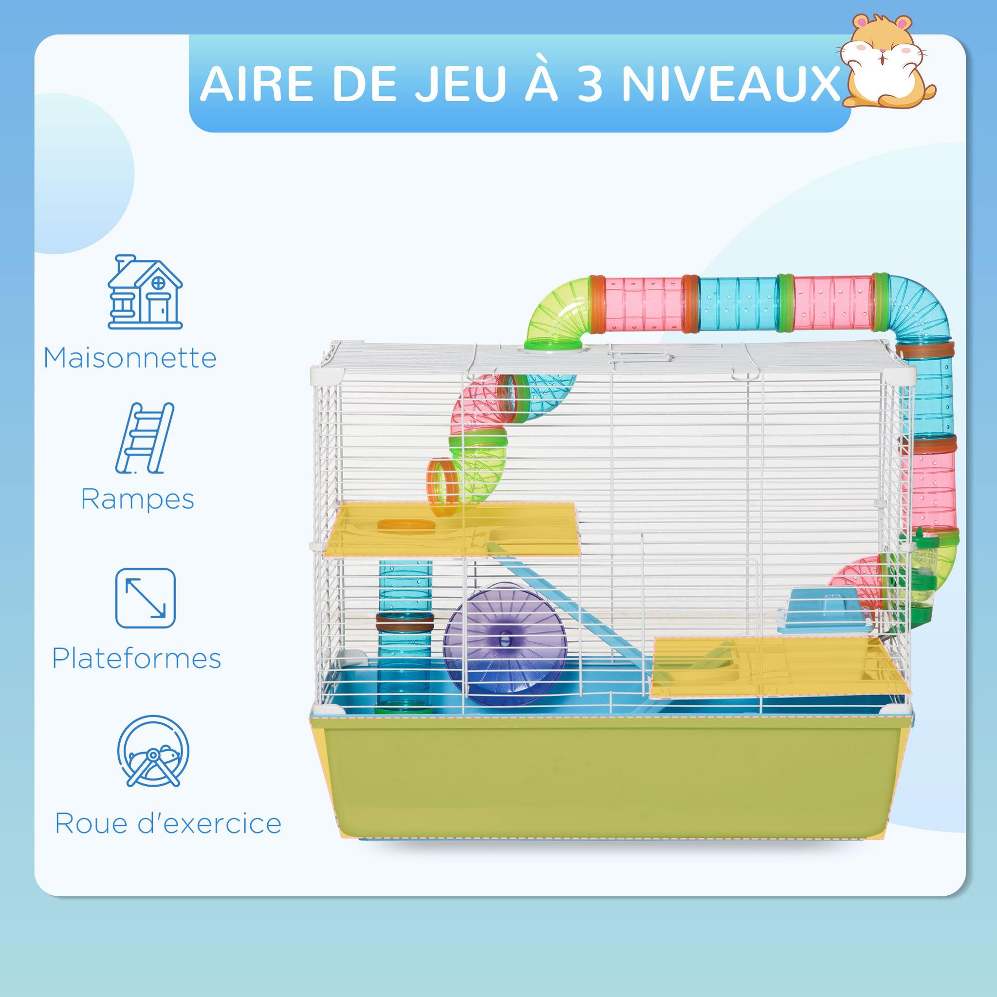 Voir la diapositive 4 : PAWHUT Cage à hamsters 3 niveaux - tunnel, abreuvoir, roue, maisonnette, échelles - dim. 59L x 36l x 47H cm - métal PP bleu blanc