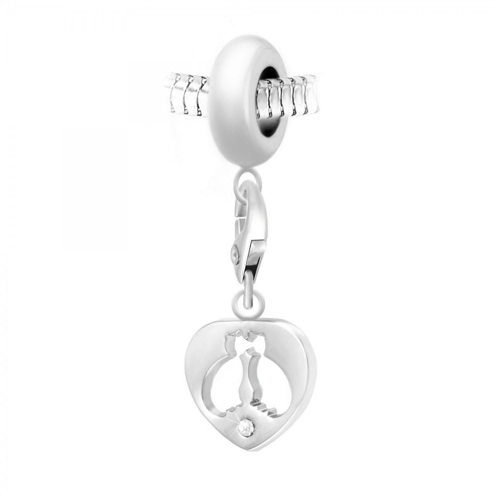 SC CRYSTAL Charm perle SC Crystal en acier avec pendentif coeur et chats in love orné de Cristaux scintillants