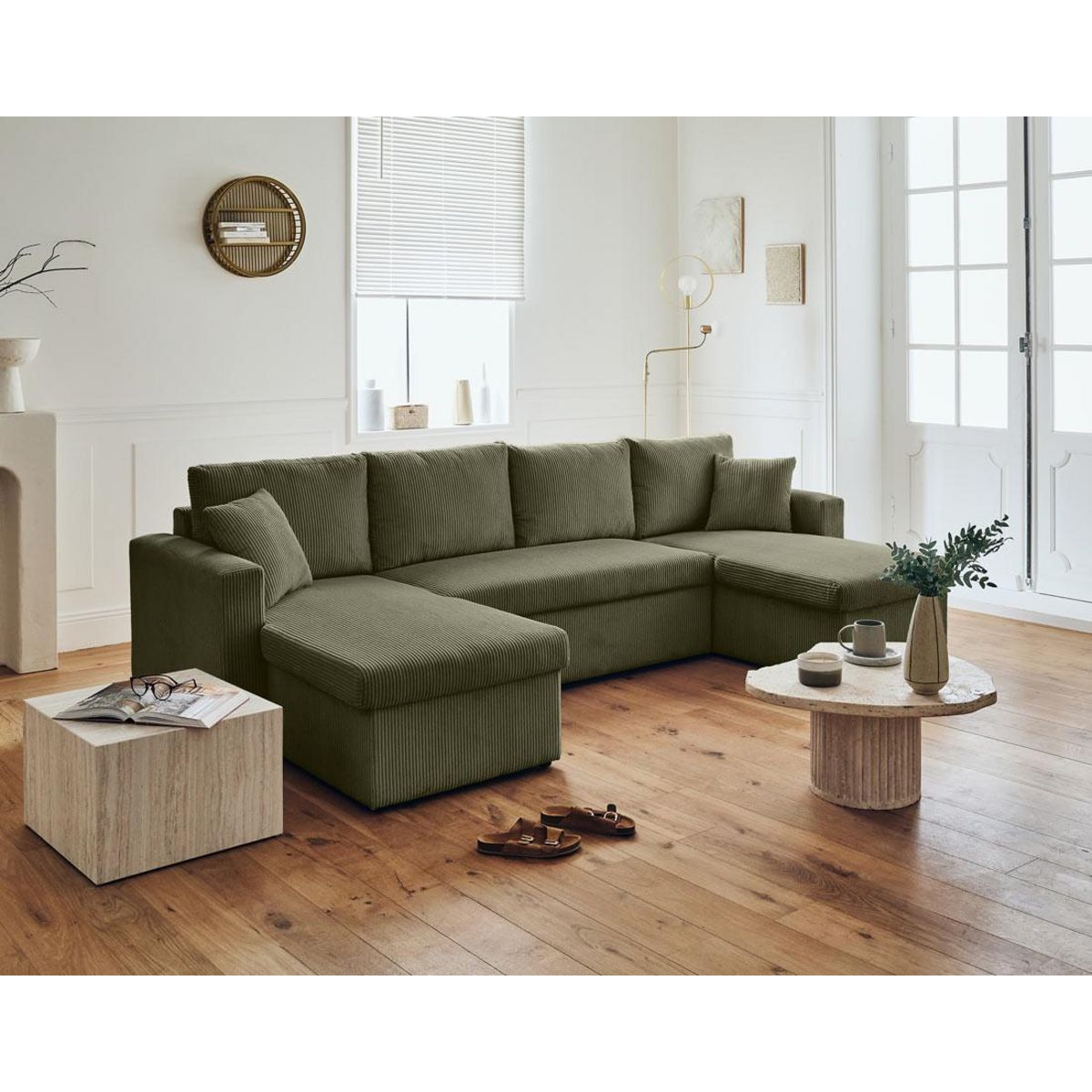 BEST MOBILIER Cyrus - canapé panoramique en u - 7 places - convertible avec coffre - en velours côtelé