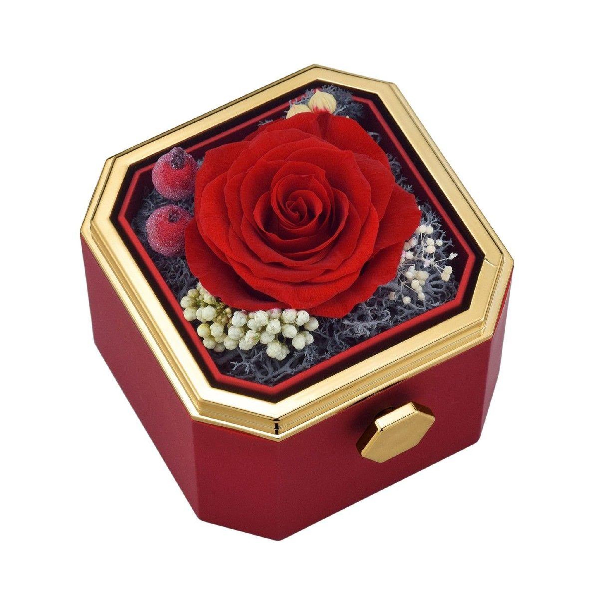 Voir la diapositive 2 : SC CRYSTAL Boite à bijoux décorée d'une rose éternelle - stabilisée rouge