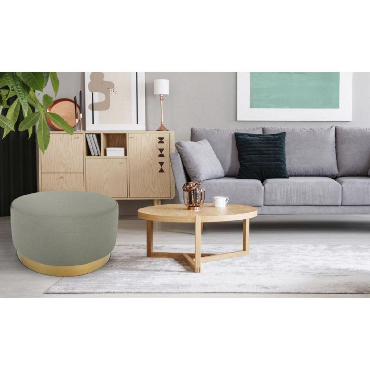 Paris Prix Pouf Rond en Velours Design  Minnie  75cm Beige