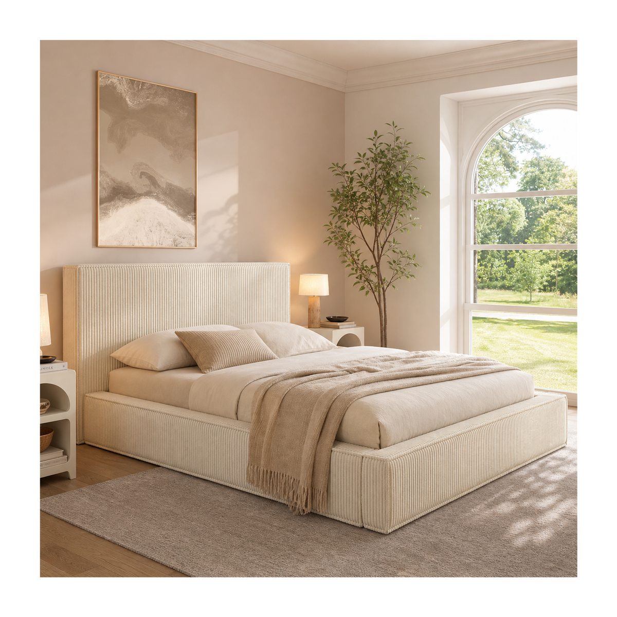 ID MARKET Lit coffre double JADE avec sommier 140 x 190 cm velours côtelé beige