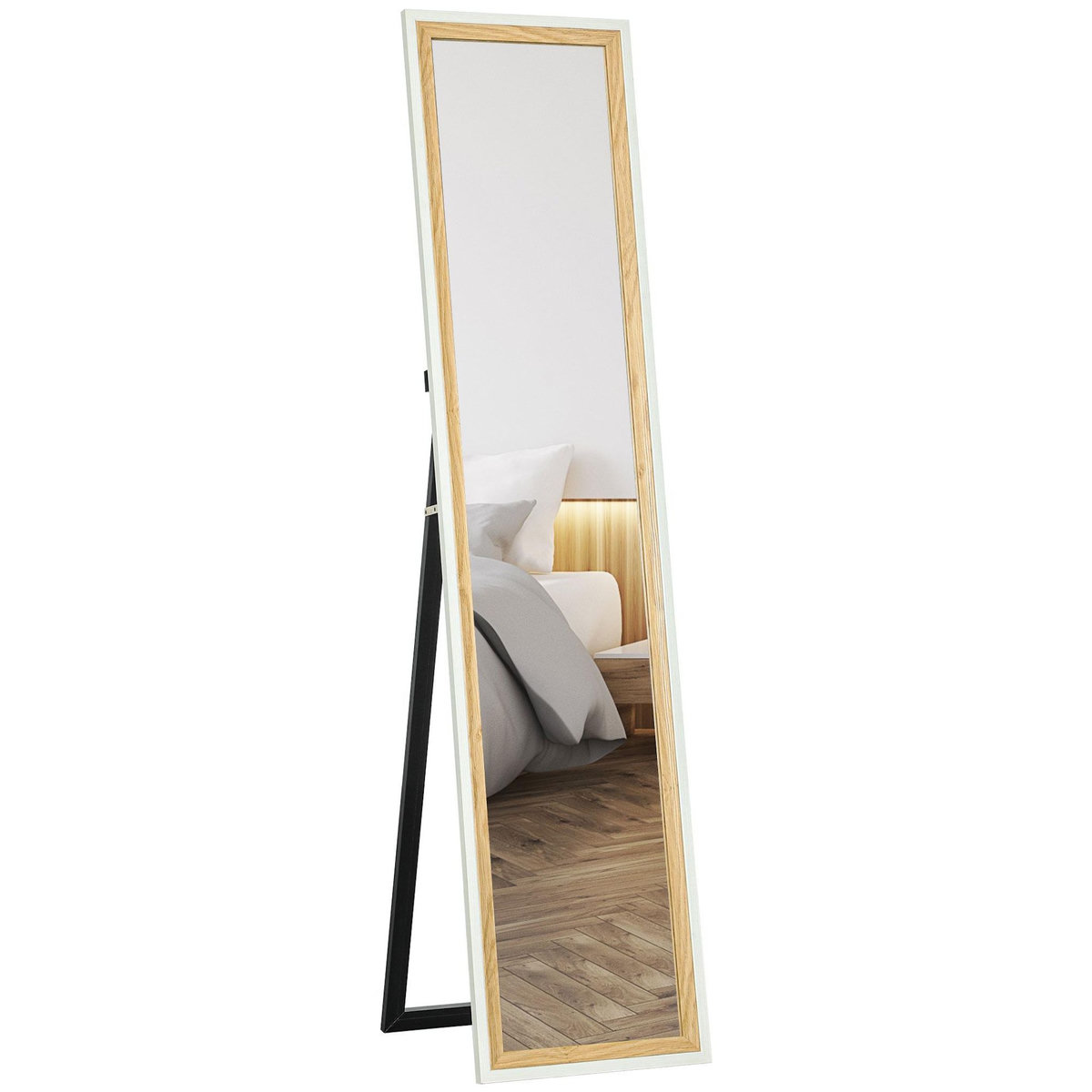 HOMCOM Miroir sur pied et mural design pleine longueur 37 x 157 cm cadre bicolore effet bois clair blanc
